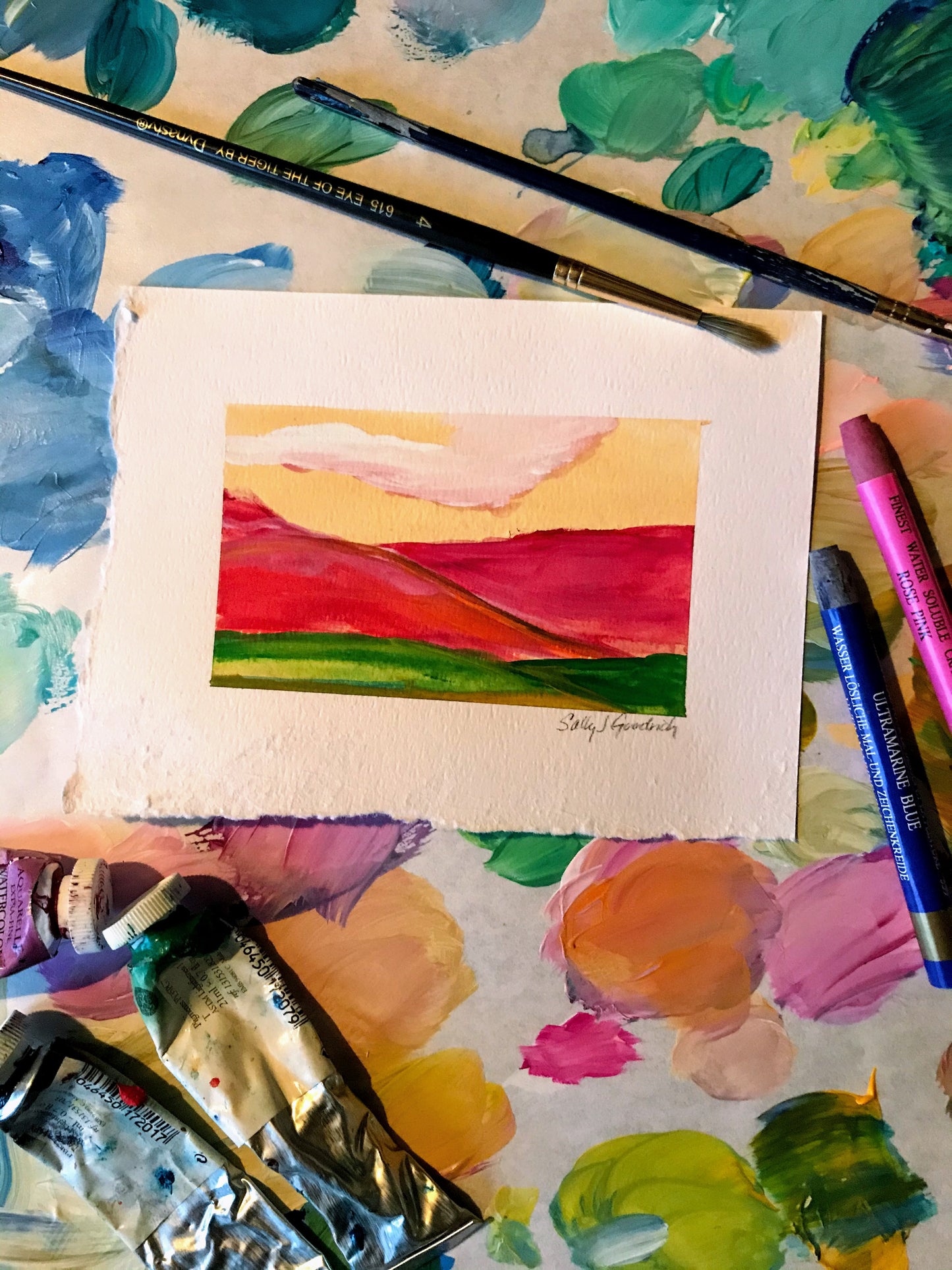 January 12, 2021 daily painting practice approximately 5" x 4" Mountain Landscape of the beautiful Blue Ridge mountains in Salem, Virginia gouache on paper ready for framing modern southern painting free shipping follow me on instagram or sign up for the emails to get the first look at the daily painting challenge.