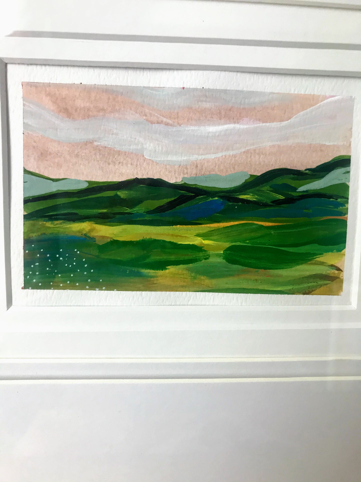 January 18, 2021 daily painting practice 5" x 4" Mountain Landscape Painting in Salem, Virginia gouache on paper comes with the matting frame is not included free shipping follow me on instagram or sign up for the emails to get the first look at the daily painting challenge.