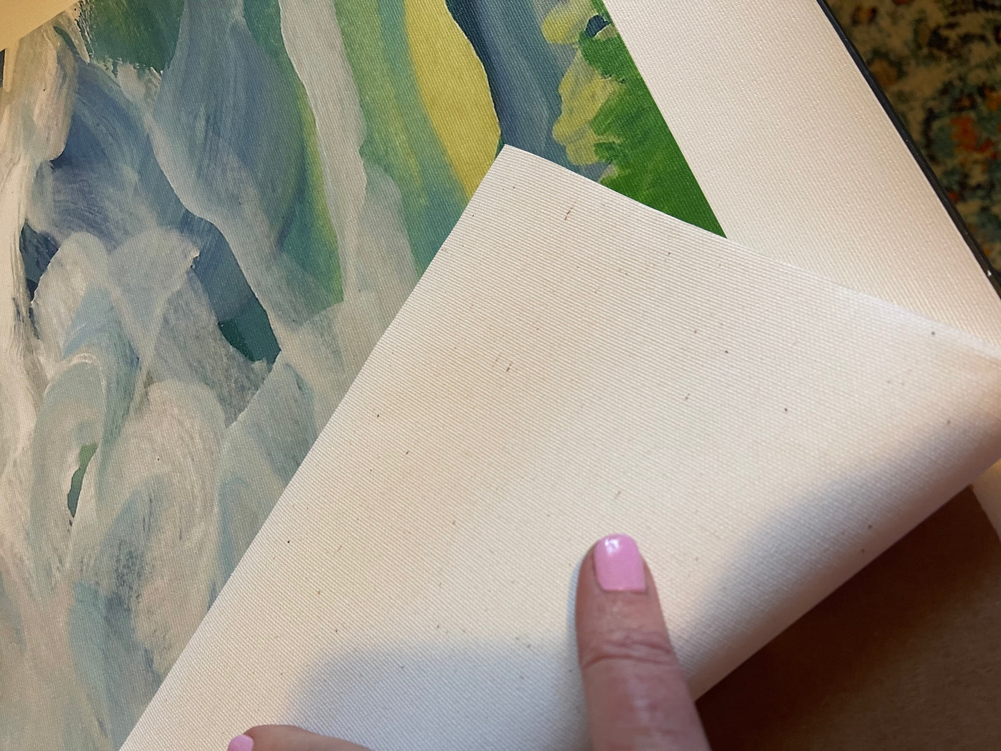 Experience the beauty of the Blue Ridge mountains with this impressionistic painting.
Blues, greens, and gold leaf evoke a sense of tranquility, while the dramatic sky and sunrise add a touch of magic.
Let the river flowing through the valley take you on a journey through nature's stunning landscape.