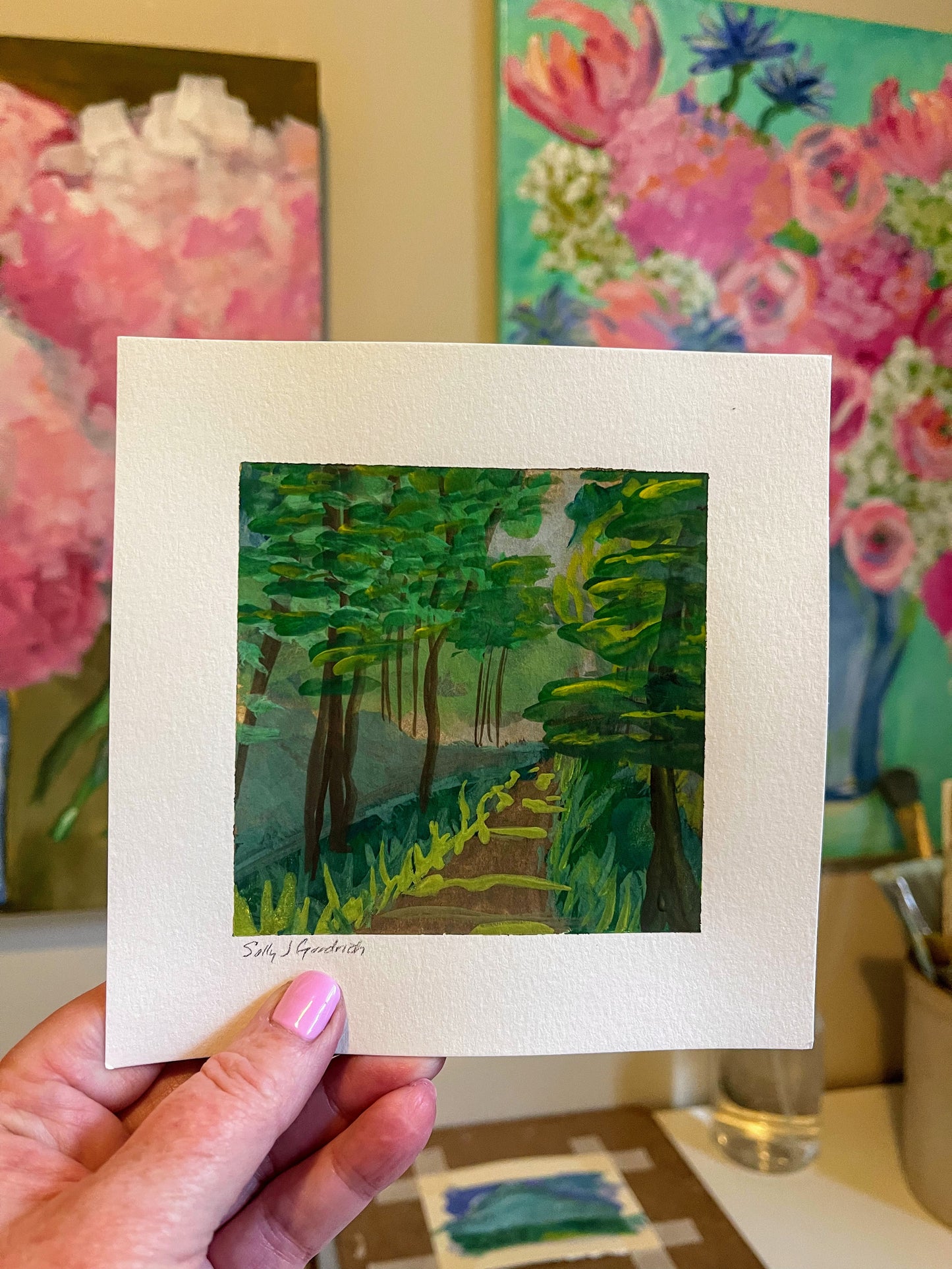 6" x 6”
gouache on cold press watercolor paper
Take a scenic trip down Country Roads. T
his winding road through a cool and green forest provides a path of solitude and peace.
With beautiful impressionistic gouache mountain artwork, this original modern landscape will transport you to a tranquil place.