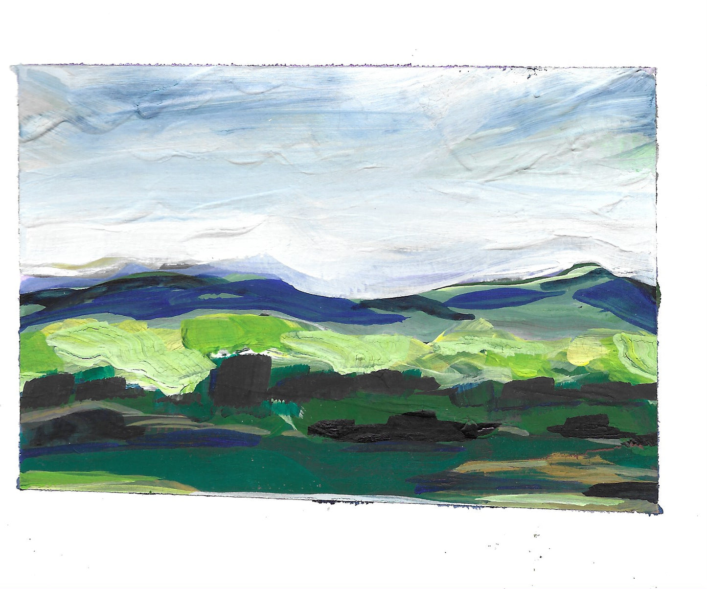 4.5 x 6”
gouache on cold press watercolor paper
Take your walls to new heights with Creatives - a stunning collection of impressionistic, modern landscapes.
Admire the bold blue skies and lush green fields, and get lost in the intricate textures of the blue ridge mountains and green tree line.
Elevate your space with this colorful and vibrant artwork!