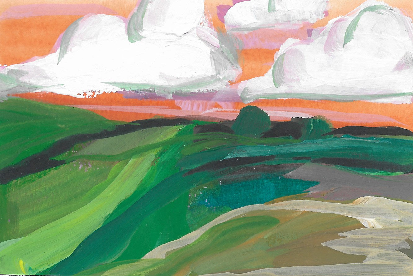 4.5 x 6”
gouache on cold press watercolor paper
Experience a vibrant and whimsical world with Crossroads.
This original impressionism style painting captures the beauty of a colorful sunset sky blending orange and pink hues, complemented by soft white clouds and lush green fields.
The Blue Ridge Mountains provide a stunning backdrop for this playful and bright mountain vista.
Add a touch of unique charm to any space with this one-of-a-kind landscape.
