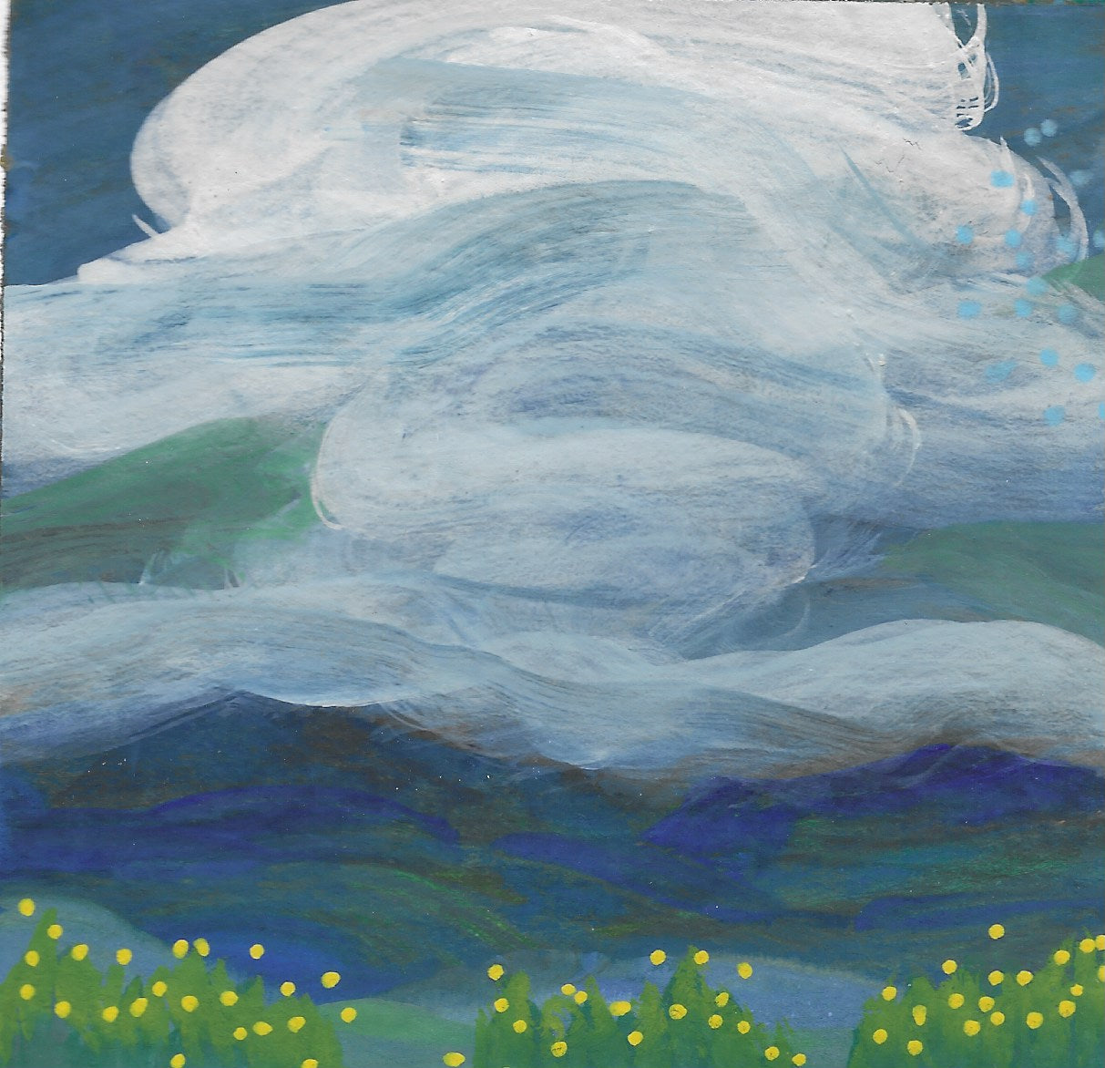 6" x 6"
gouache on cold press watercolor paper
Dare to dream with this impressionistic masterpiece.
Soft white clouds float over a tranquil blue sky, while the majestic Blue Ridge mountains stand tall in the mid ground.
A vibrant meadow of yellow and green flowers adds a touch of whimsy to this charming piece. (Go ahead, take a leap and add a touch of beauty to your home decor!)
