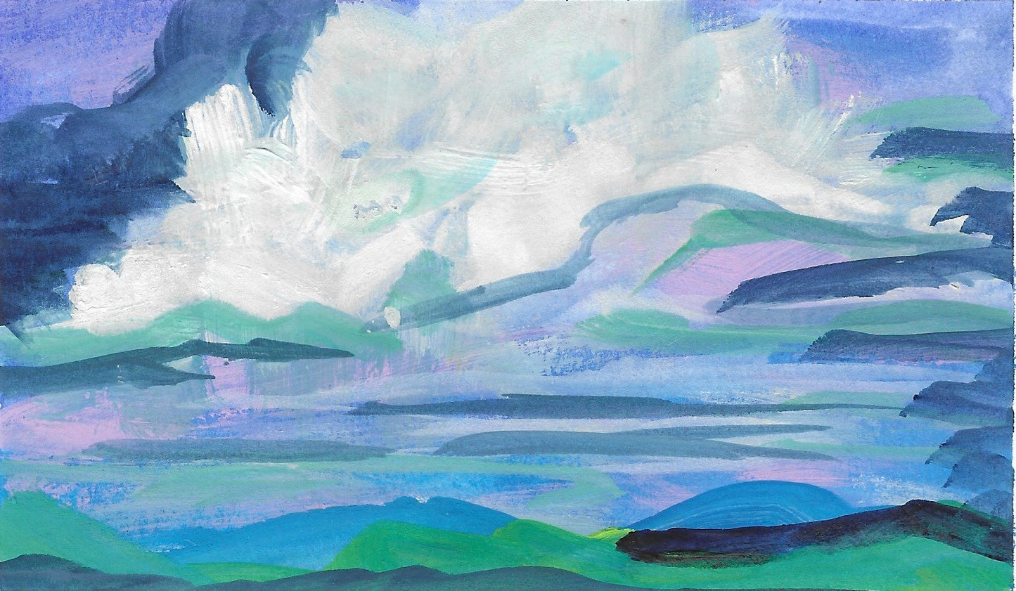 5" x 7" gouache on cold press watercolor paper
Defy the norm with this unique watercolor study of white clouds over the blue ridge mountains.
The purples, blues, and teals create a mesmerizing contrast, making it a standout piece for any room.
Small in size but big on impact, it's a fantastic addition to any art collection.