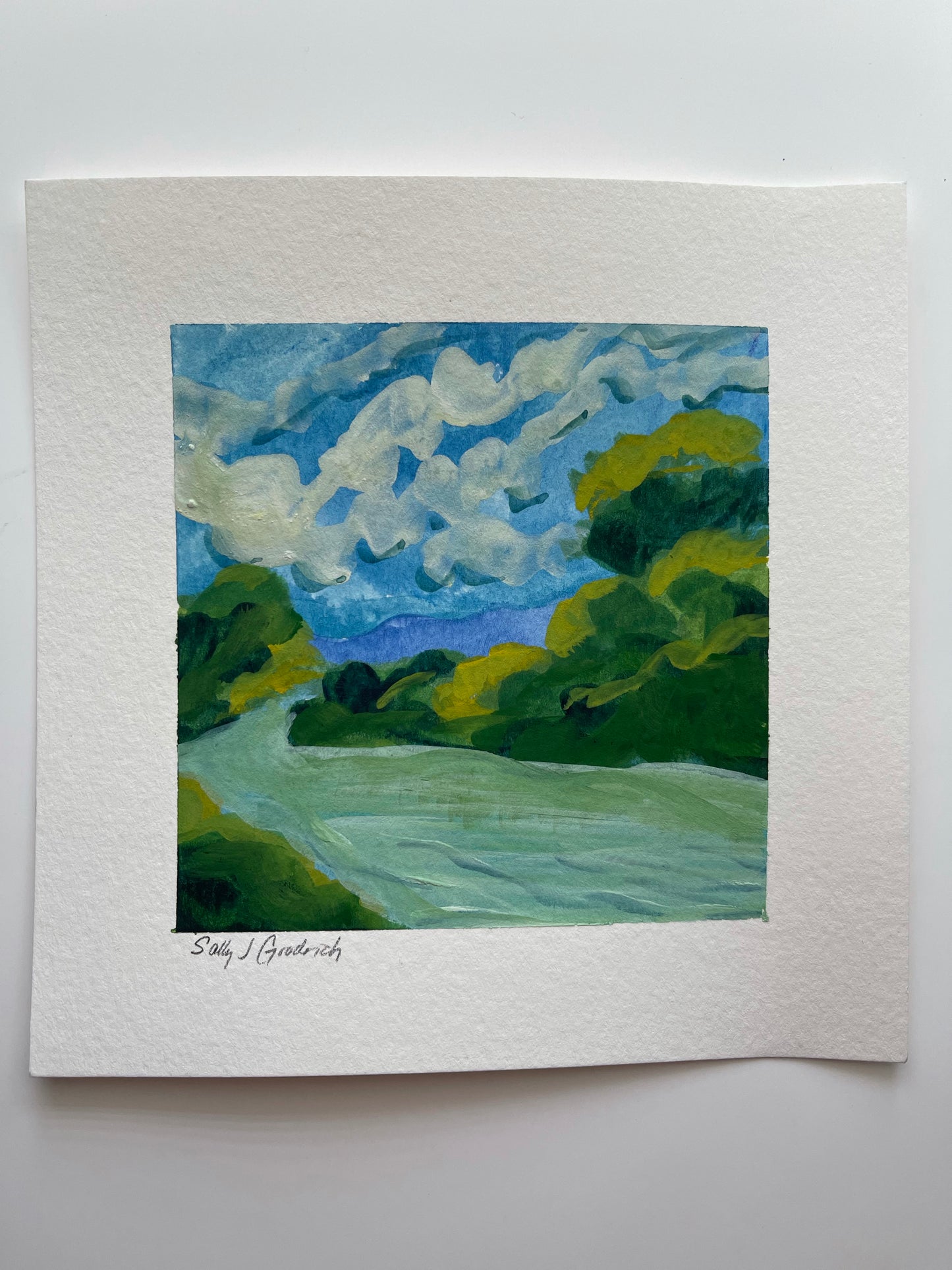 6" x 6"
gouache on cold press watercolor paper
Discover your destiny with this modern, colorful landscape painting.
Captivating impressionism brings to life a river with trees on the banks, blue and white skies, and green spring leaves reflected in the water.
Perfect for nature lovers and art enthusiasts alike.
Fall in love with the beauty of the Blue Ridge mountains river.