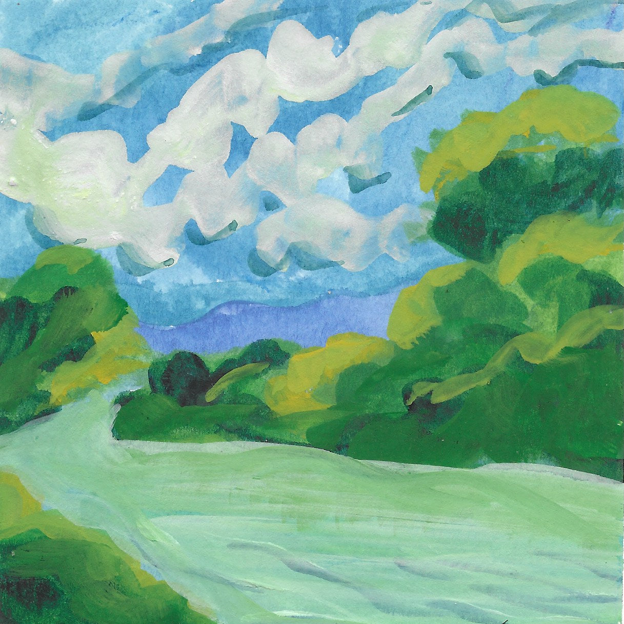 6" x 6"
gouache on cold press watercolor paper
Discover your destiny with this modern, colorful landscape painting.
Captivating impressionism brings to life a river with trees on the banks, blue and white skies, and green spring leaves reflected in the water.
Perfect for nature lovers and art enthusiasts alike.
Fall in love with the beauty of the Blue Ridge mountains river.