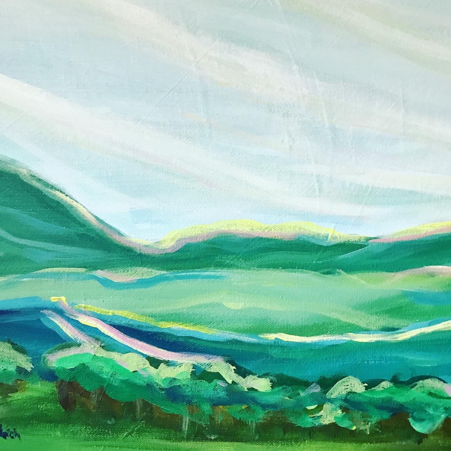 40” x 16”
Blue Ridge Mountains Landscape Painting
Acrylic on Gallery Wrapped Canvas
free shipping
The Blue Ridge Mountains have a special place in my heart. I grew up here. We spent our family vacations in the mountains of Asheville NC. Growing up I taught tennis in summer camps in Grundy, VA and White Sulphur Springs, WV. Over every ridge is another stunning view. Every morning, afternoon and evening brings a sky with colors you wouldn't believe. Everyone who l