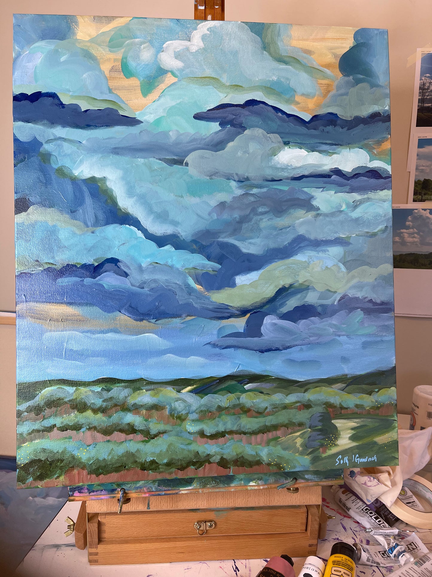 20" x 24" x 1.5"
acrylic on gallery wrapped canvas
Organic Blue and turquoise clouds dancing in the sky.
Finished with a varnish to protect against dust and light.
Wired and ready for hanging.