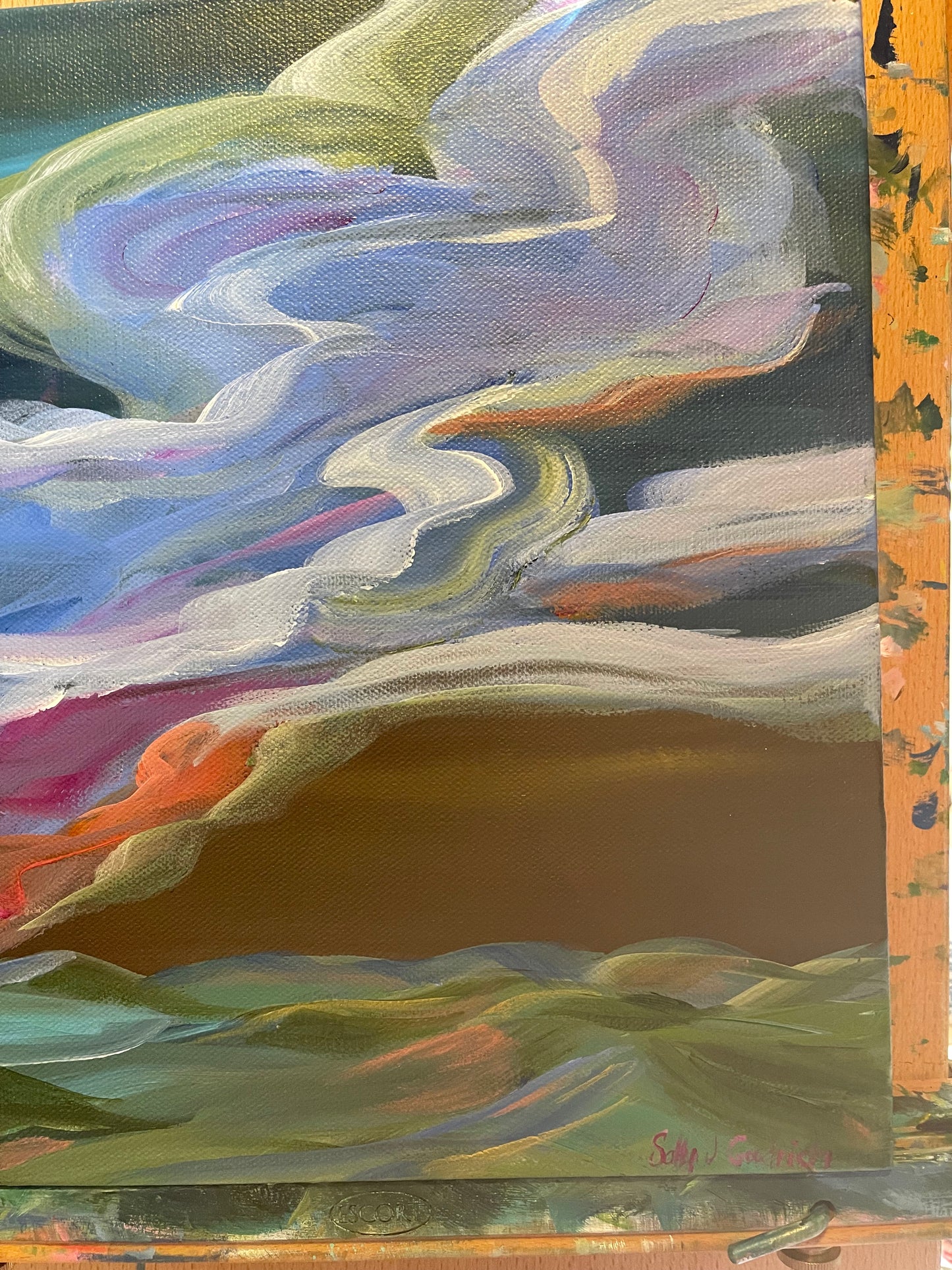 12" x 12" x 1.5"
Acrylic on Gallery Wrapped Canvas
A beautiful and colorful swirl of glorious clouds over the Blue Ridge Mountains.
Your painting is finished with a subtle gloss varnish to protect it from dust and light. Wired and ready to hang. 
