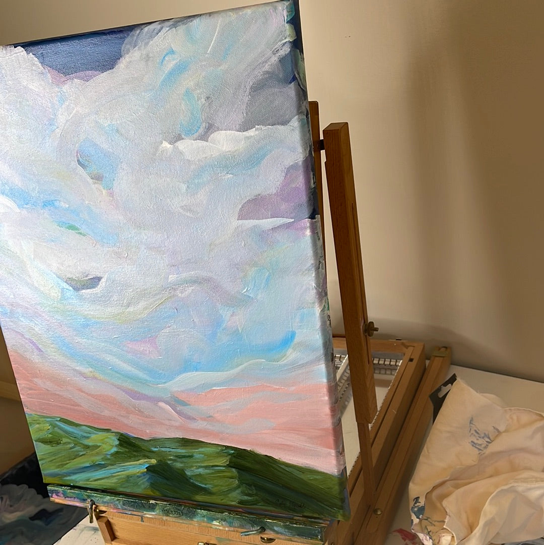 acrylic on gallery wrapped canvas
Blue and turquoise clouds dancing above the Blue Ridge mountains at sunrise.
Finished with a varnish to protect against dust and light.
Wired and ready for hanging.