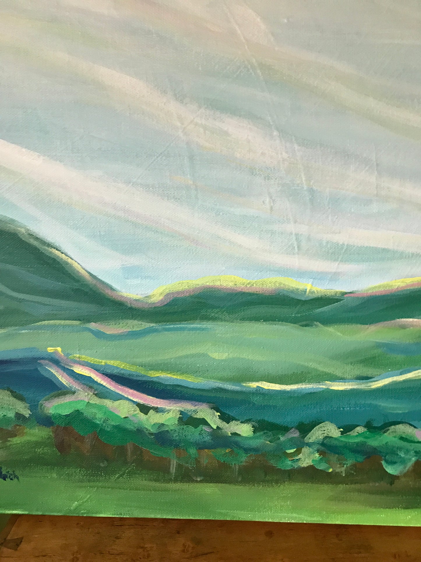 40” x 16”
Blue Ridge Mountains Landscape Painting
Acrylic on Gallery Wrapped Canvas
free shipping
The Blue Ridge Mountains have a special place in my heart. I grew up here. We spent our family vacations in the mountains of Asheville NC. Growing up I taught tennis in summer camps in Grundy, VA and White Sulphur Springs, WV. Over every ridge is another stunning view. Every morning, afternoon and evening brings a sky with colors you wouldn't believe. Everyone who l