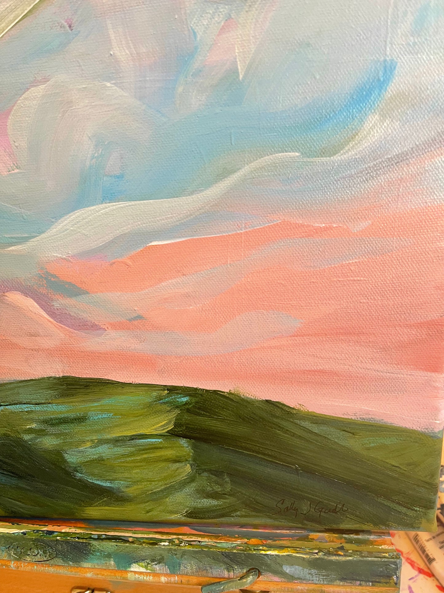 acrylic on gallery wrapped canvas
Blue and turquoise clouds dancing above the Blue Ridge mountains at sunrise.
Finished with a varnish to protect against dust and light.
Wired and ready for hanging.