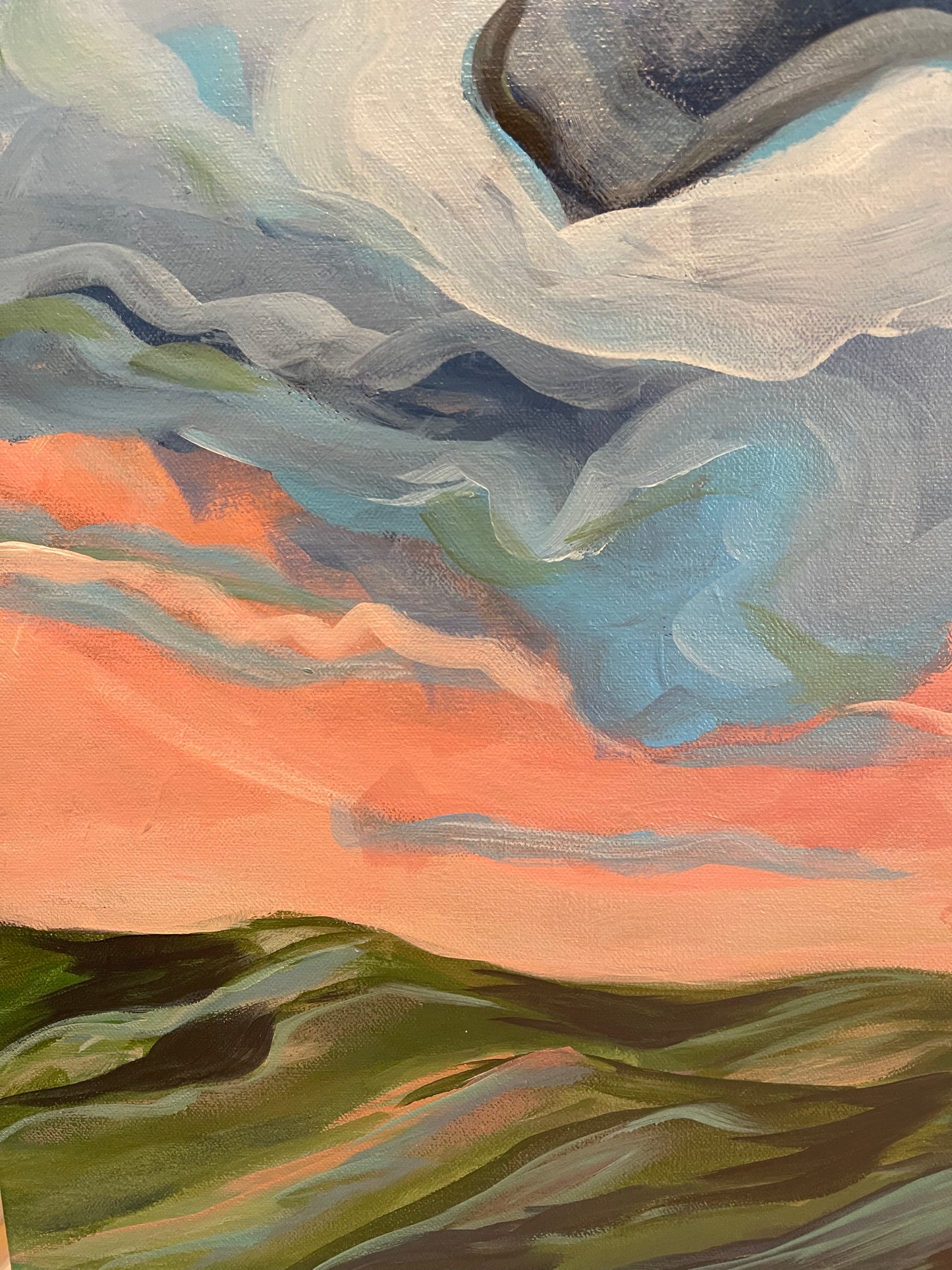 20" x 24" x 1.5"
Acrylic on Gallery Wrapped Canvas
Gorgeous and dramatic clouds fill the pink morning sky over the Blue Ridge mountains.
Finished with a varnish to protect against dust and light.
Wired and ready for hanging.