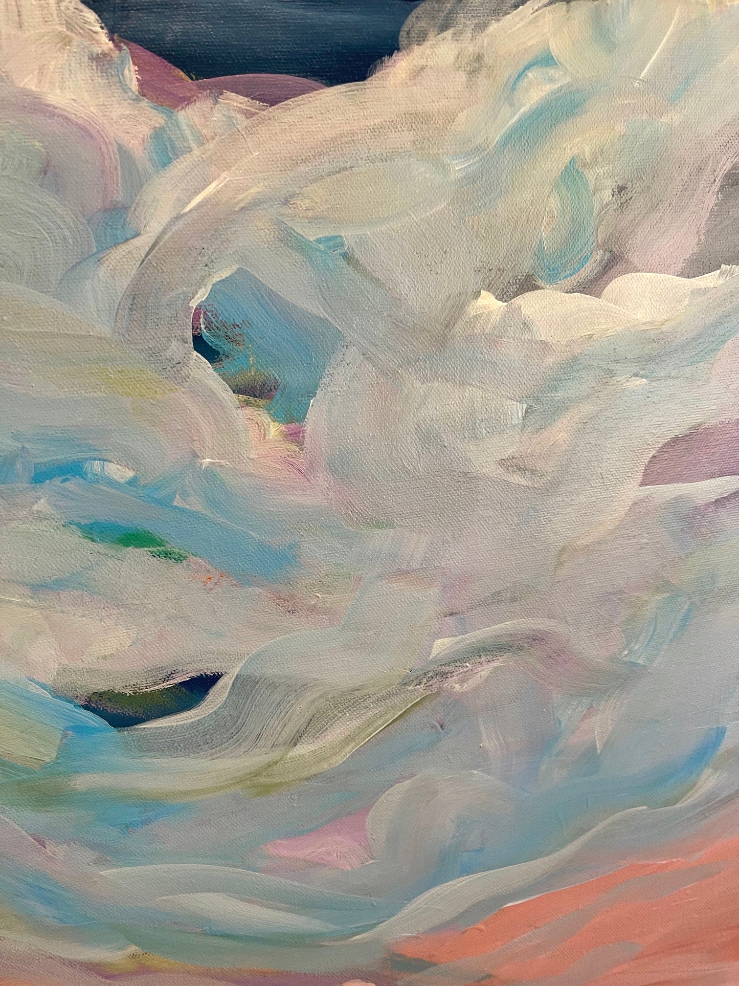 acrylic on gallery wrapped canvas
Blue and turquoise clouds dancing above the Blue Ridge mountains at sunrise.
Finished with a varnish to protect against dust and light.
Wired and ready for hanging.
