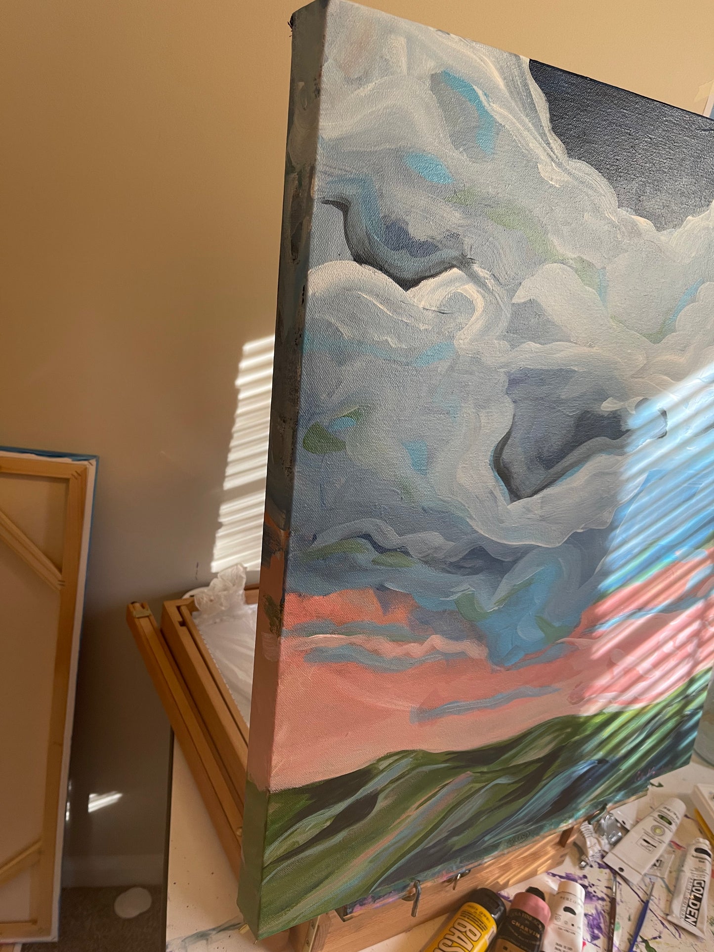 20" x 24" x 1.5"
Acrylic on Gallery Wrapped Canvas
Gorgeous and dramatic clouds fill the pink morning sky over the Blue Ridge mountains.
Finished with a varnish to protect against dust and light.
Wired and ready for hanging.
