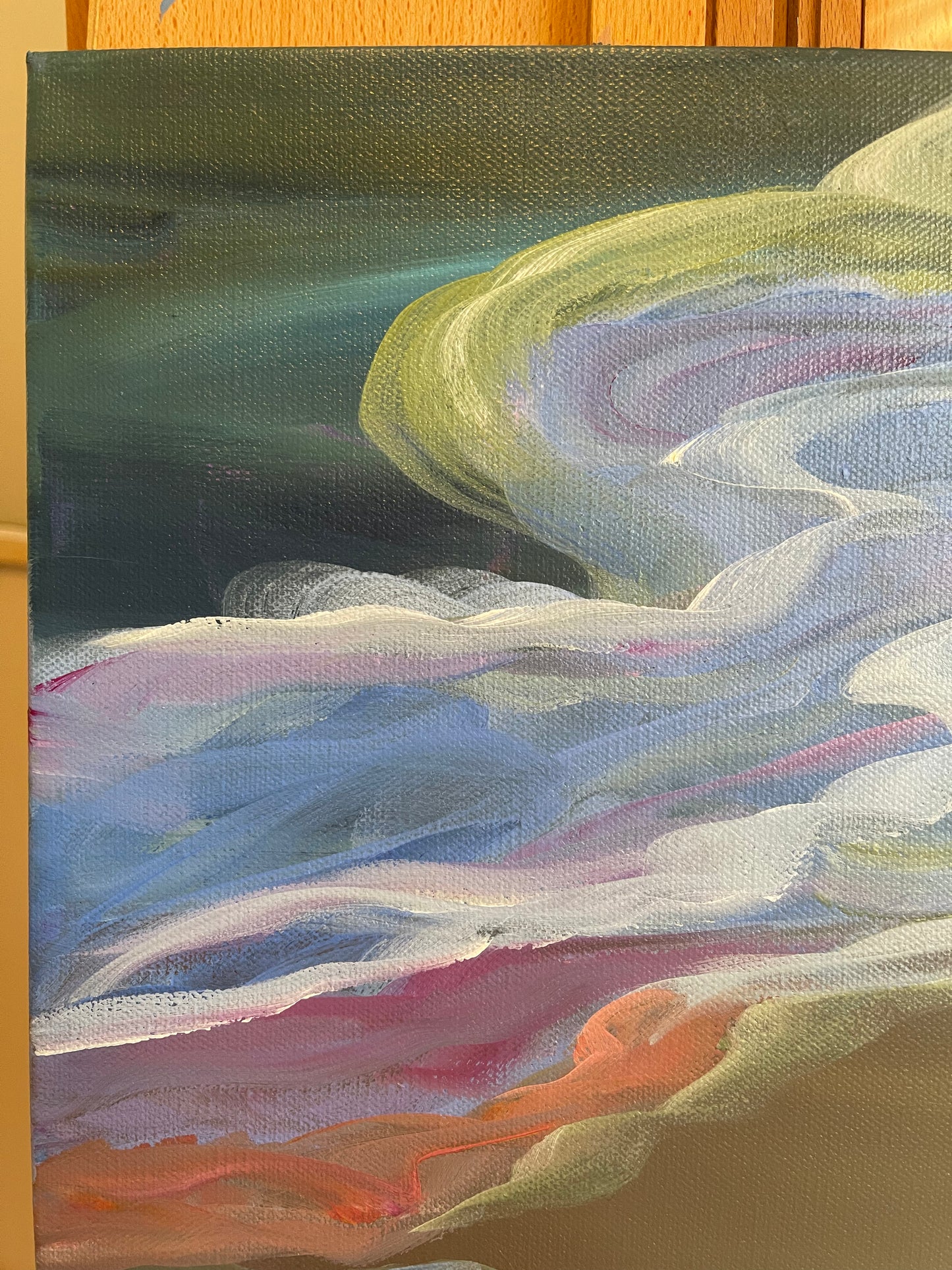 12" x 12" x 1.5"
Acrylic on Gallery Wrapped Canvas
A beautiful and colorful swirl of glorious clouds over the Blue Ridge Mountains.
Your painting is finished with a subtle gloss varnish to protect it from dust and light. Wired and ready to hang. 