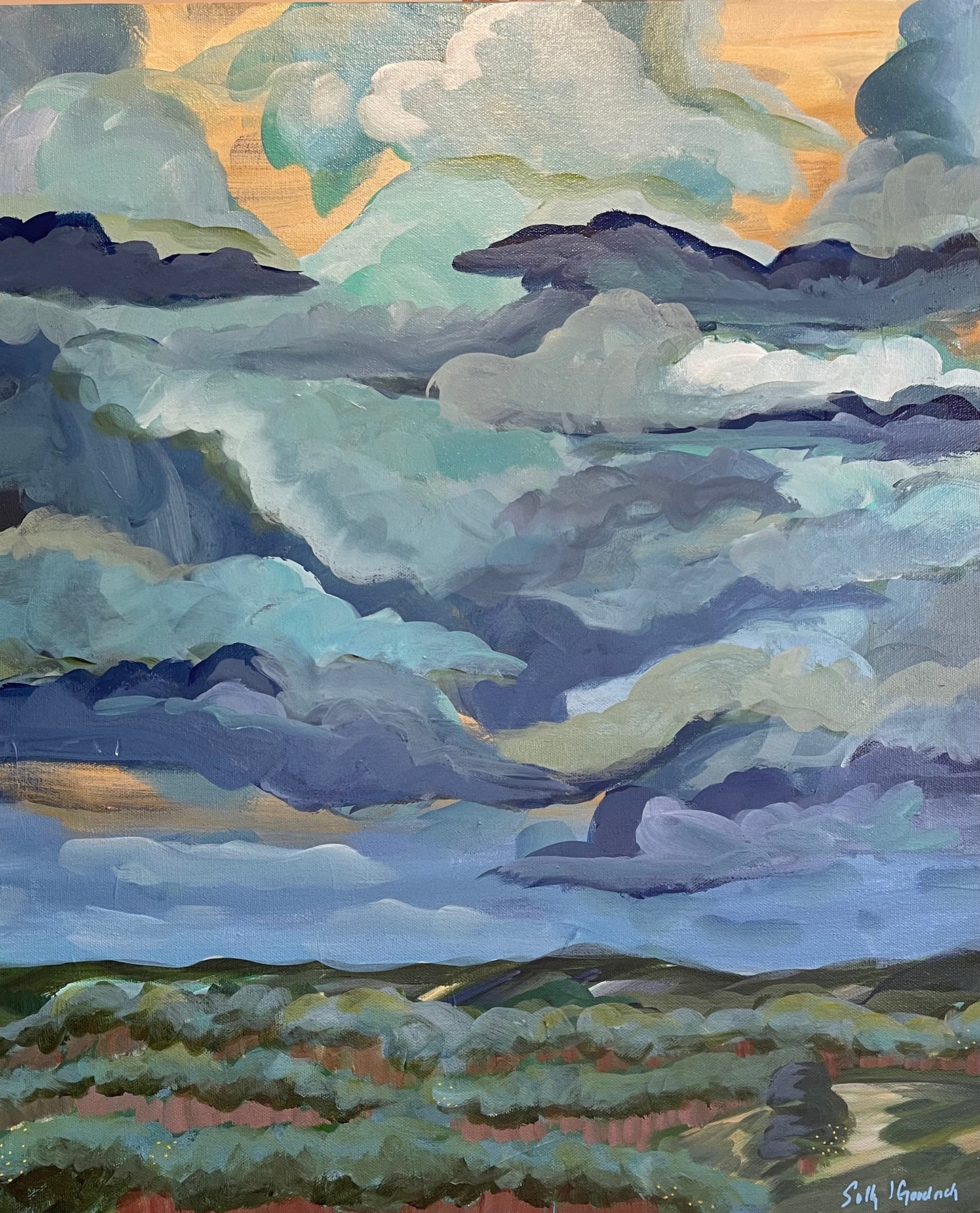20" x 24" x 1.5"
acrylic on gallery wrapped canvas
Organic Blue and turquoise clouds dancing in the sky.
Finished with a varnish to protect against dust and light.
Wired and ready for hanging.