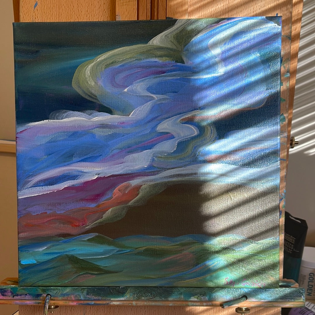12" x 12" x 1.5"
Acrylic on Gallery Wrapped Canvas
A beautiful and colorful swirl of glorious clouds over the Blue Ridge Mountains.
Your painting is finished with a subtle gloss varnish to protect it from dust and light. Wired and ready to hang. 