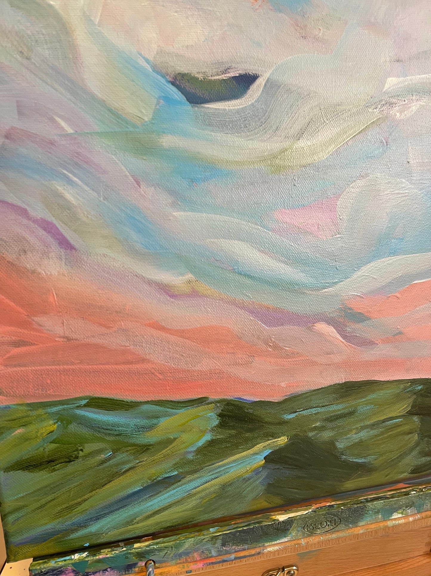 acrylic on gallery wrapped canvas
Blue and turquoise clouds dancing above the Blue Ridge mountains at sunrise.
Finished with a varnish to protect against dust and light.
Wired and ready for hanging.