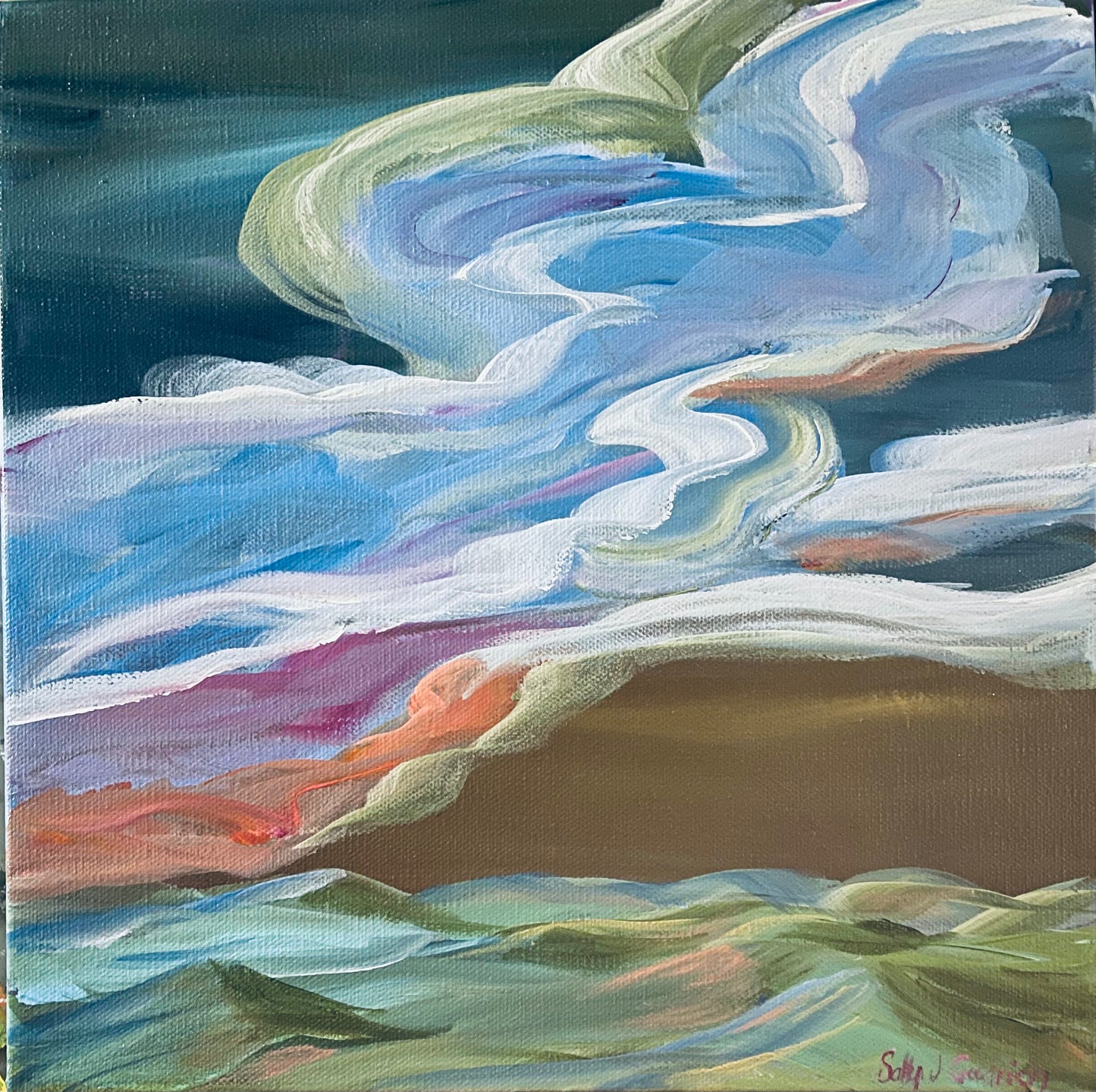 12" x 12" x 1.5"
Acrylic on Gallery Wrapped Canvas
A beautiful and colorful swirl of glorious clouds over the Blue Ridge Mountains.
Your painting is finished with a subtle gloss varnish to protect it from dust and light. Wired and ready to hang. 