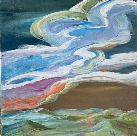 12" x 12" x 1.5"
Acrylic on Gallery Wrapped Canvas
A beautiful and colorful swirl of glorious clouds over the Blue Ridge Mountains. 
Your painting is finished with a subtle gloss varnish to protect it from dust and light.  Wired and ready to hang. 