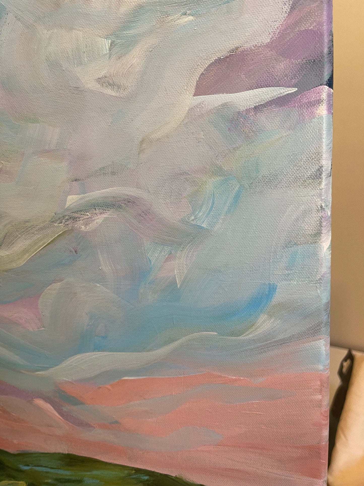 acrylic on gallery wrapped canvas
Blue and turquoise clouds dancing above the Blue Ridge mountains at sunrise.
Finished with a varnish to protect against dust and light.
Wired and ready for hanging.
