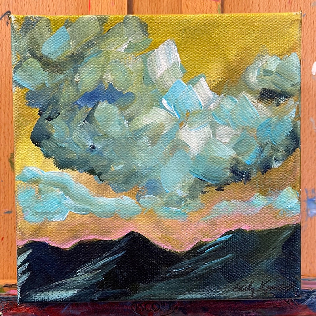 6" x 6"
Acrylic on Gallery Wrapped Canvas
Amazing rolling clouds over the Blue Ridge Mountains. Notes of blue, turquoise, green and white on a chartreuse background. Inspired by the views from the many vineyards across the state of Virginia.
I hope this painting brings joy to your soul!
Your painting will arrive in about 5 days. 