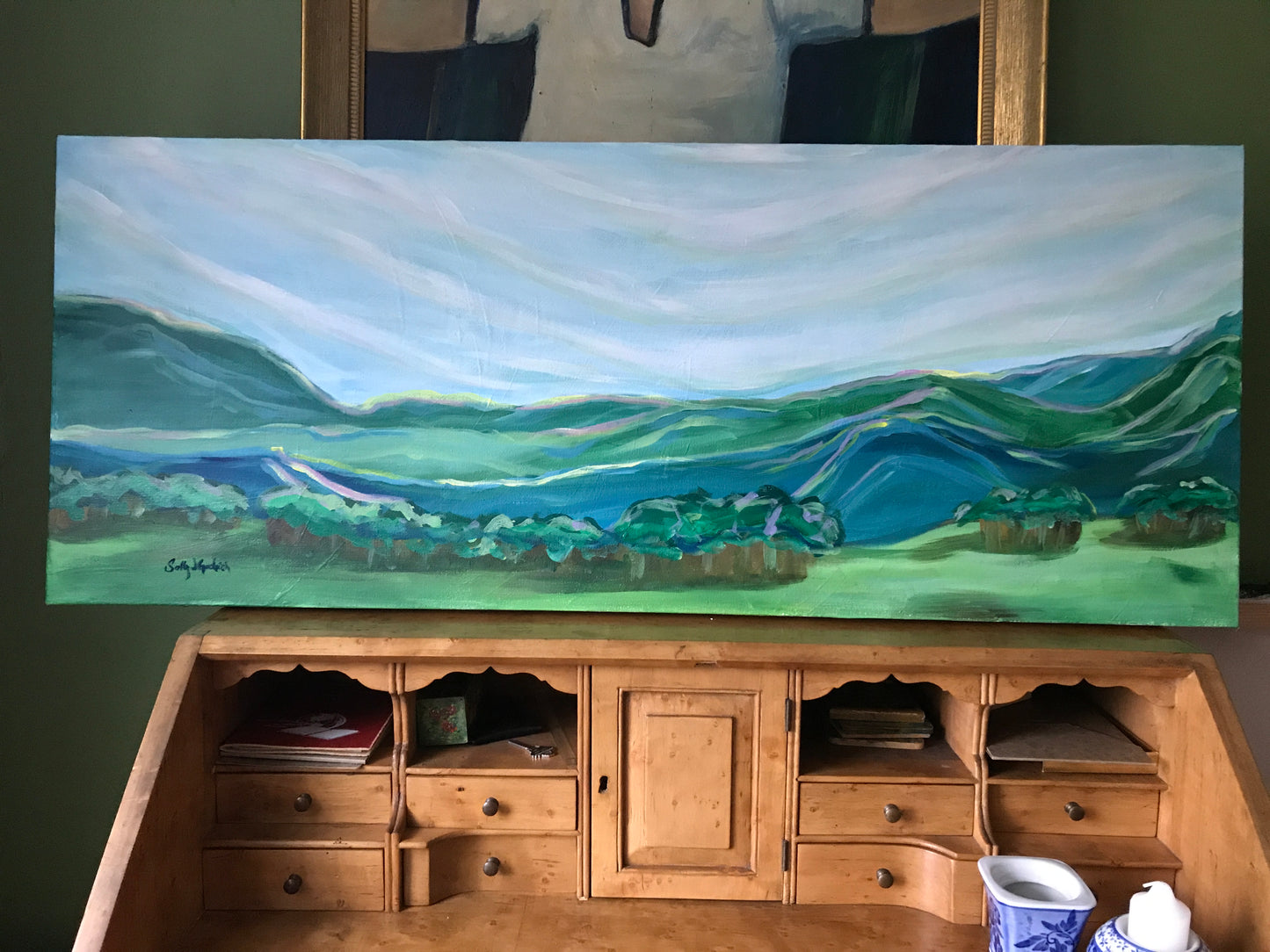 40” x 16”
Blue Ridge Mountains Landscape Painting
Acrylic on Gallery Wrapped Canvas
free shipping
The Blue Ridge Mountains have a special place in my heart. I grew up here. We spent our family vacations in the mountains of Asheville NC. Growing up I taught tennis in summer camps in Grundy, VA and White Sulphur Springs, WV. Over every ridge is another stunning view. Every morning, afternoon and evening brings a sky with colors you wouldn't believe. Everyone who l