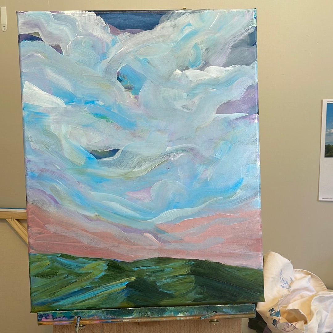 acrylic on gallery wrapped canvas
Blue and turquoise clouds dancing above the Blue Ridge mountains at sunrise.
Finished with a varnish to protect against dust and light.
Wired and ready for hanging.