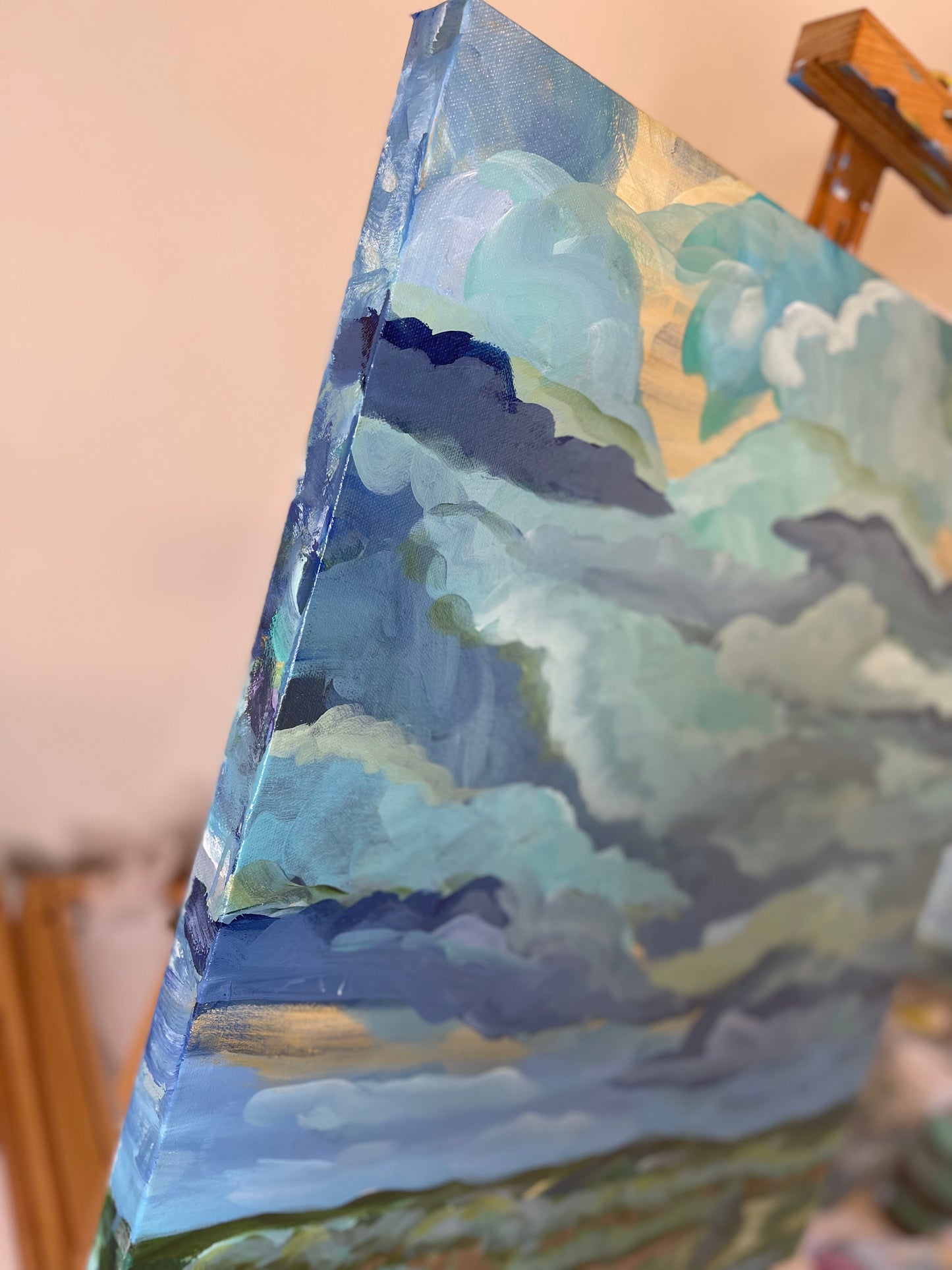 20" x 24" x 1.5"
acrylic on gallery wrapped canvas
Organic Blue and turquoise clouds dancing in the sky.
Finished with a varnish to protect against dust and light.
Wired and ready for hanging.