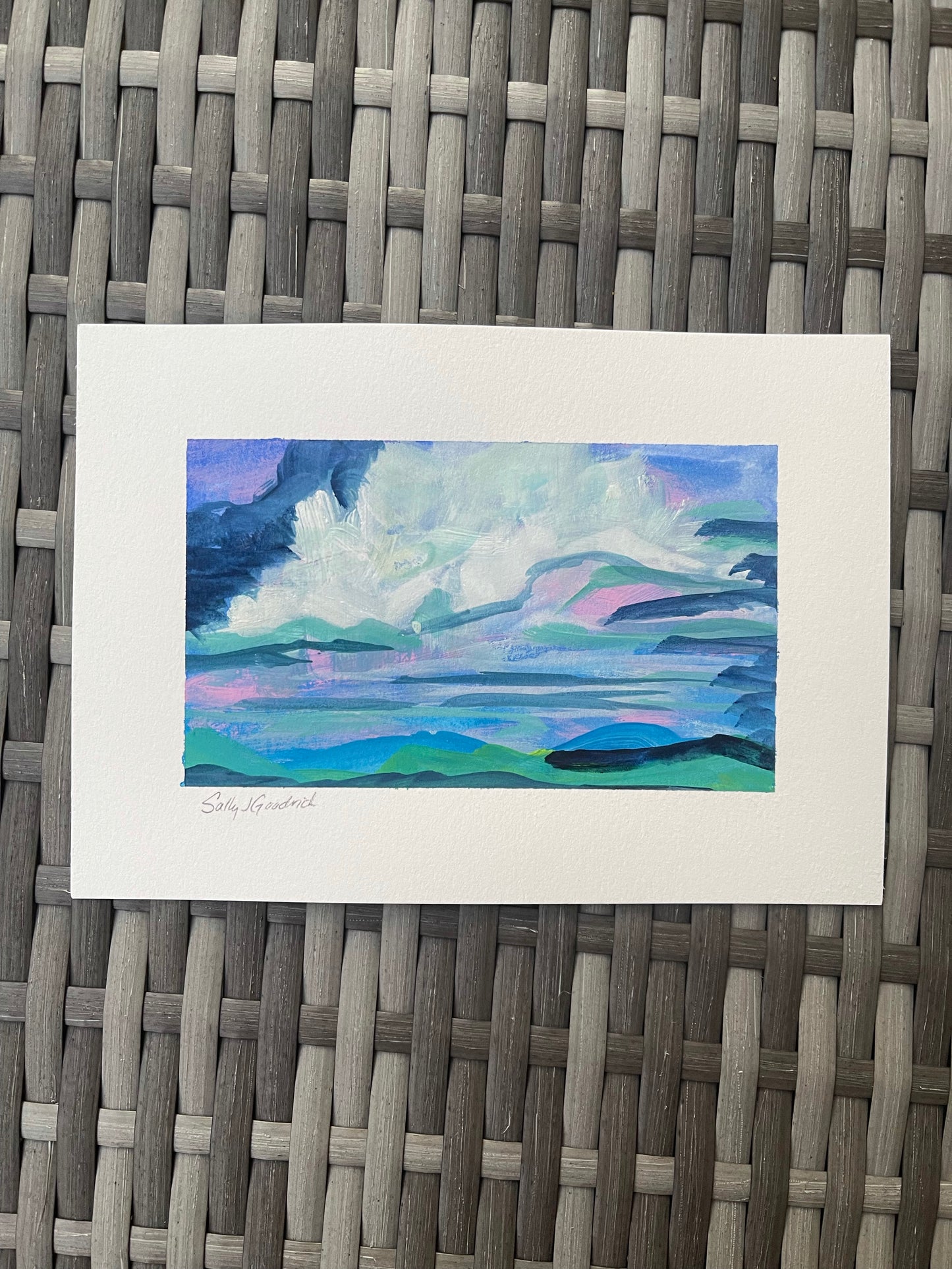 5" x 7" gouache on cold press watercolor paper
Defy the norm with this unique watercolor study of white clouds over the blue ridge mountains.
The purples, blues, and teals create a mesmerizing contrast, making it a standout piece for any room.
Small in size but big on impact, it's a fantastic addition to any art collection.