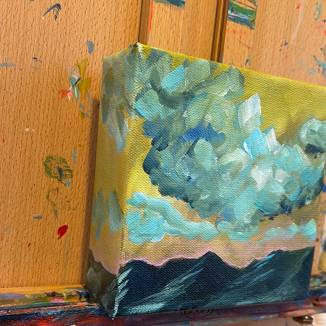 6" x 6"
Acrylic on Gallery Wrapped Canvas
Amazing rolling clouds over the Blue Ridge Mountains. Notes of blue, turquoise, green and white on a chartreuse background. Inspired by the views from the many vineyards across the state of Virginia.
I hope this painting brings joy to your soul!
Your painting will arrive in about 5 days. 