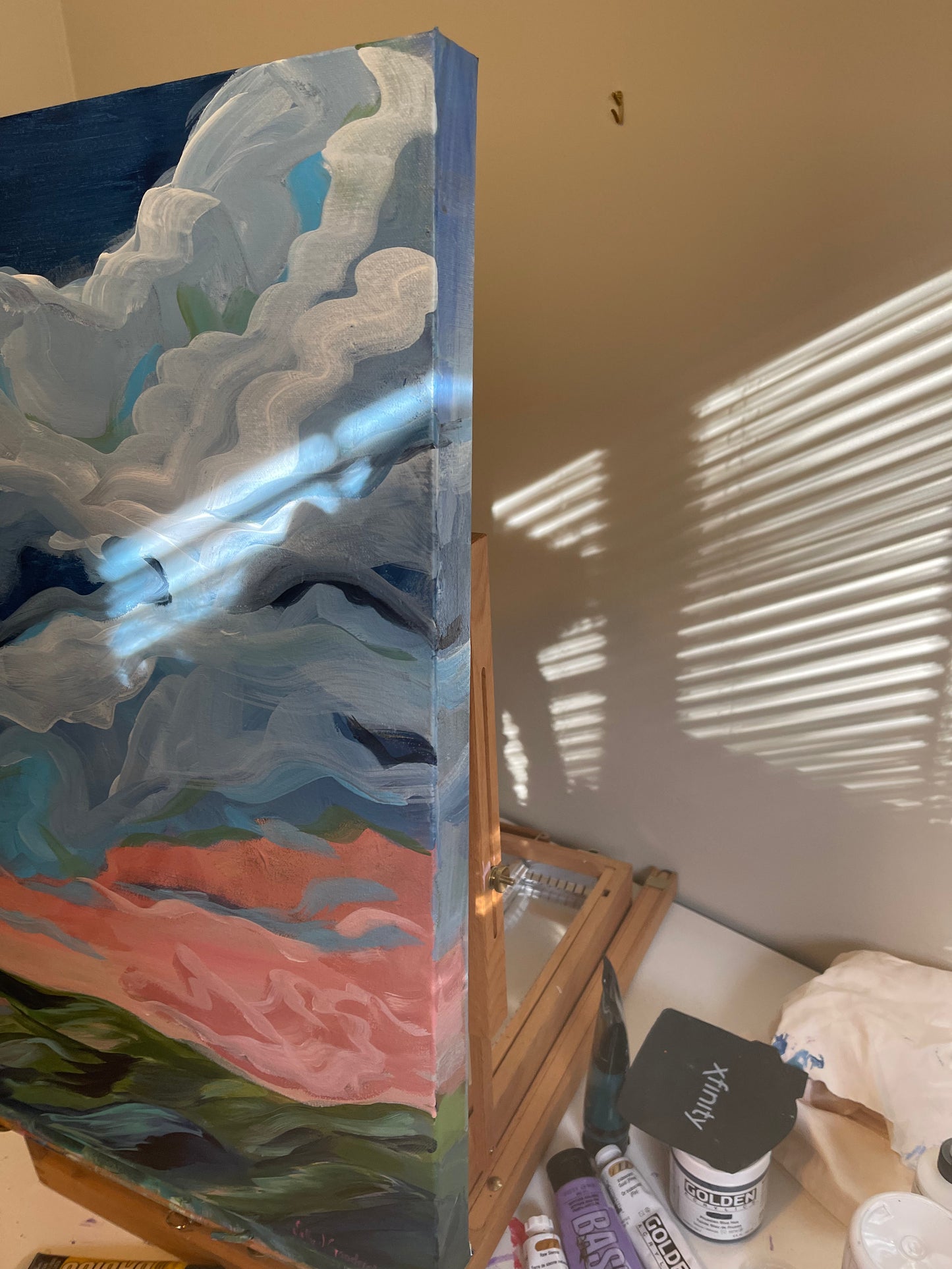 20" x 24" x 1.5"
Acrylic on Gallery Wrapped Canvas
Gorgeous and dramatic clouds fill the pink morning sky over the Blue Ridge mountains.
Finished with a varnish to protect against dust and light.
Wired and ready for hanging.