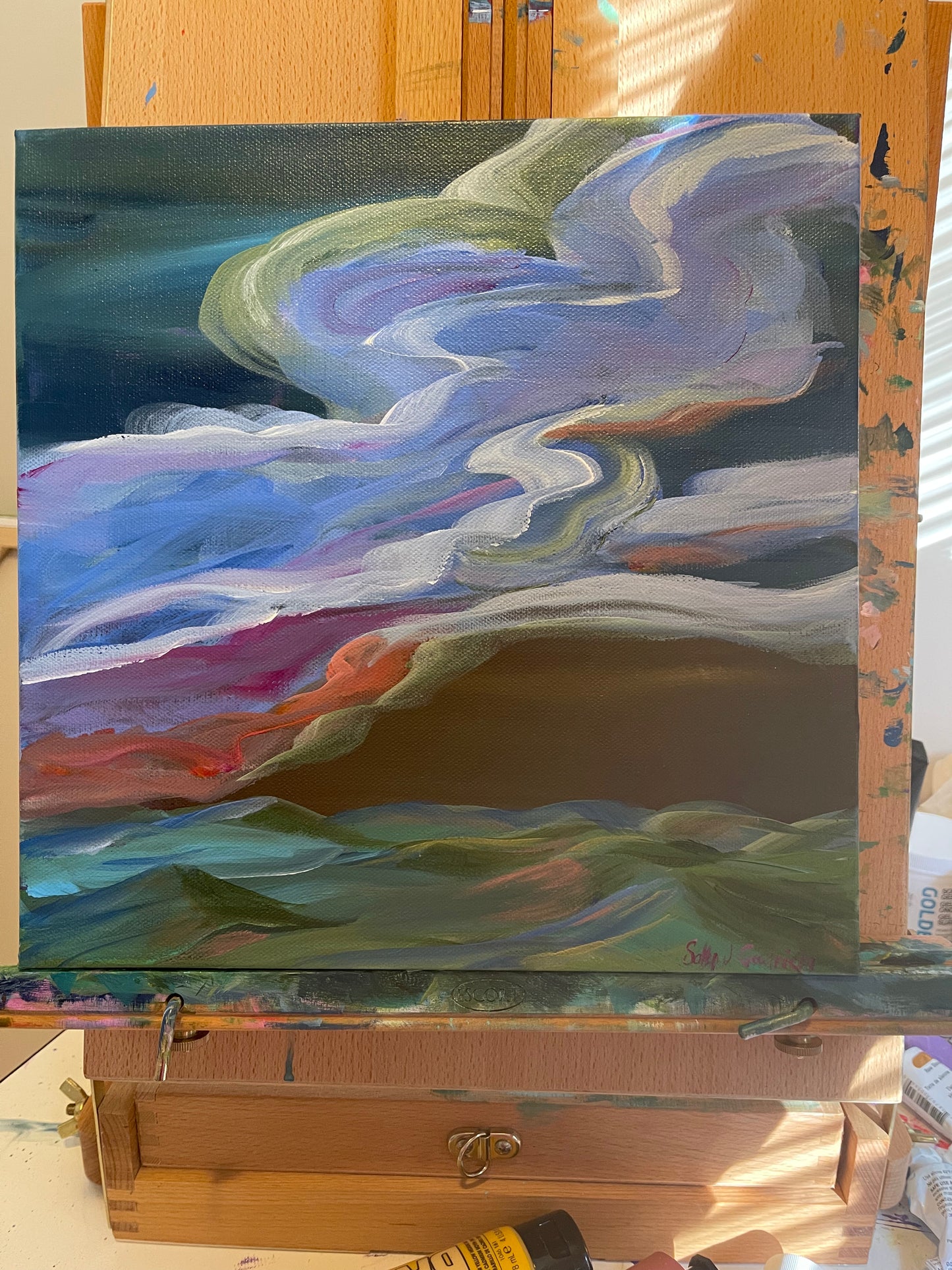 12" x 12" x 1.5"
Acrylic on Gallery Wrapped Canvas
A beautiful and colorful swirl of glorious clouds over the Blue Ridge Mountains.
Your painting is finished with a subtle gloss varnish to protect it from dust and light. Wired and ready to hang. 