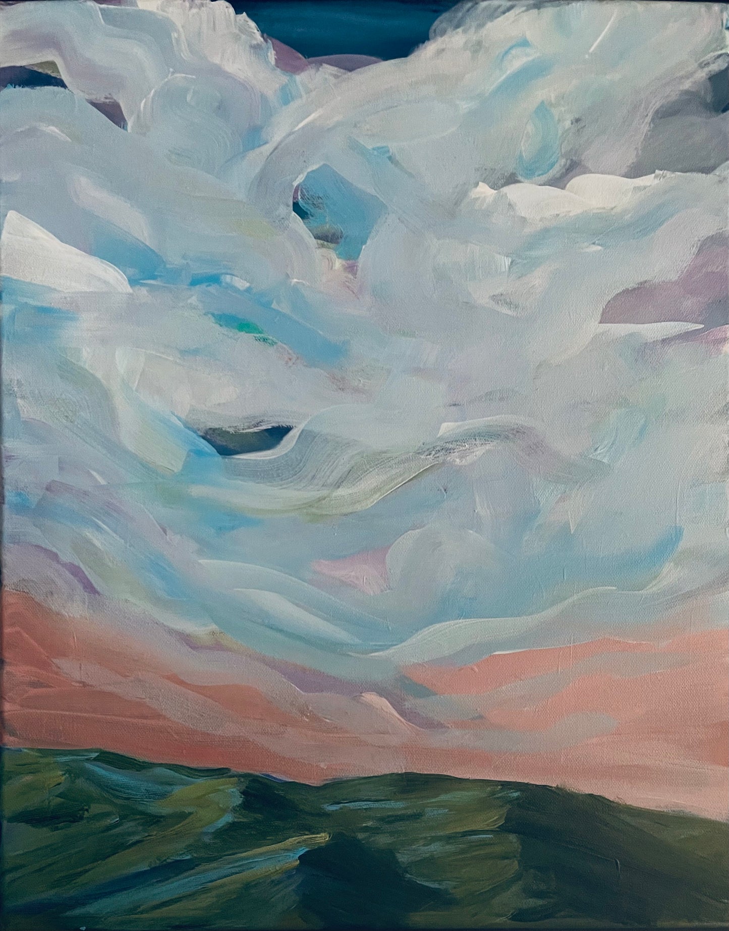 acrylic on gallery wrapped canvas
Blue and turquoise clouds dancing above the Blue Ridge mountains at sunrise.
Finished with a varnish to protect against dust and light.
Wired and ready for hanging.
