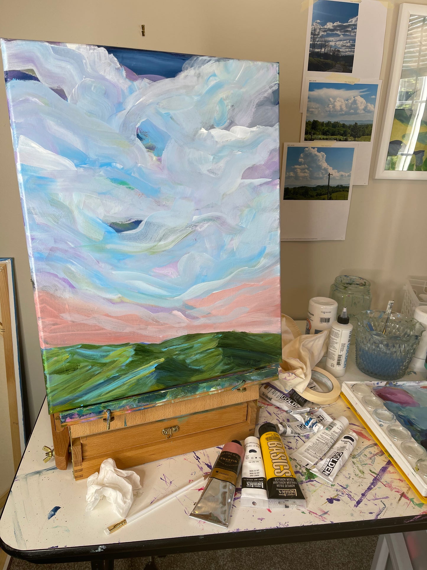 acrylic on gallery wrapped canvas
Blue and turquoise clouds dancing above the Blue Ridge mountains at sunrise.
Finished with a varnish to protect against dust and light.
Wired and ready for hanging.