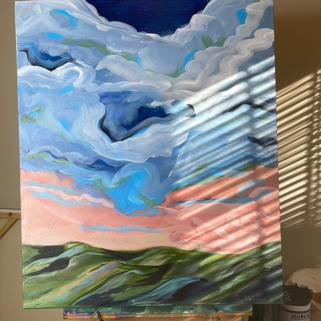 20" x 24" x 1.5"
Acrylic on Gallery Wrapped Canvas
Gorgeous and dramatic clouds fill the pink morning sky over the Blue Ridge mountains.
Finished with a varnish to protect against dust and light.
Wired and ready for hanging.