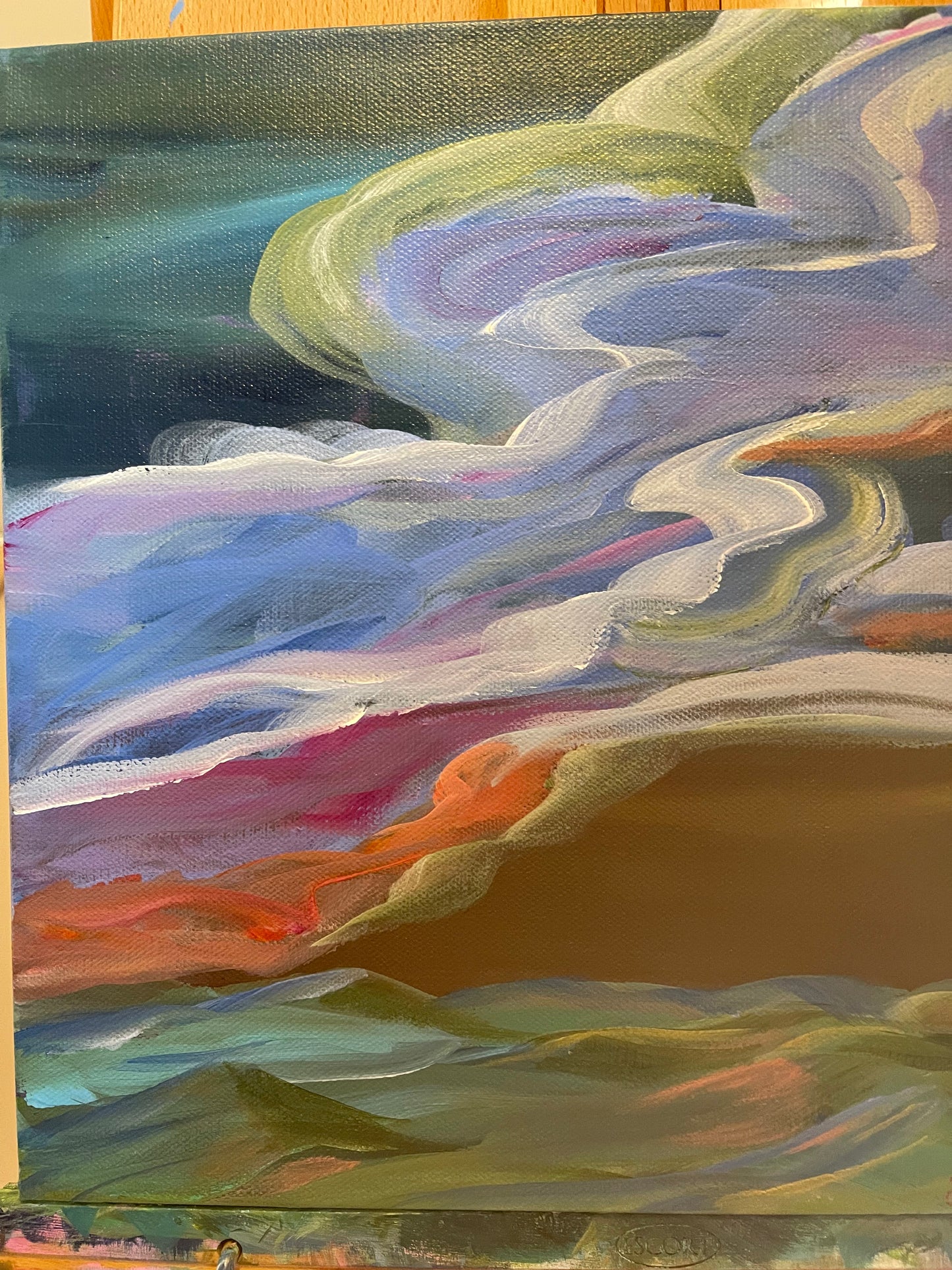 12" x 12" x 1.5"
Acrylic on Gallery Wrapped Canvas
A beautiful and colorful swirl of glorious clouds over the Blue Ridge Mountains.
Your painting is finished with a subtle gloss varnish to protect it from dust and light. Wired and ready to hang. 