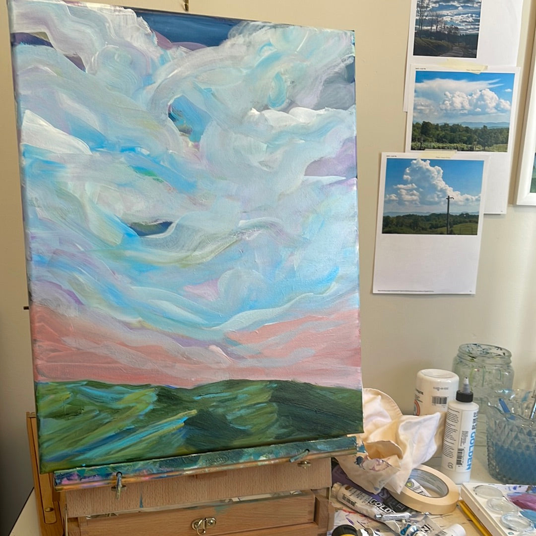 acrylic on gallery wrapped canvas
Blue and turquoise clouds dancing above the Blue Ridge mountains at sunrise.
Finished with a varnish to protect against dust and light.
Wired and ready for hanging.