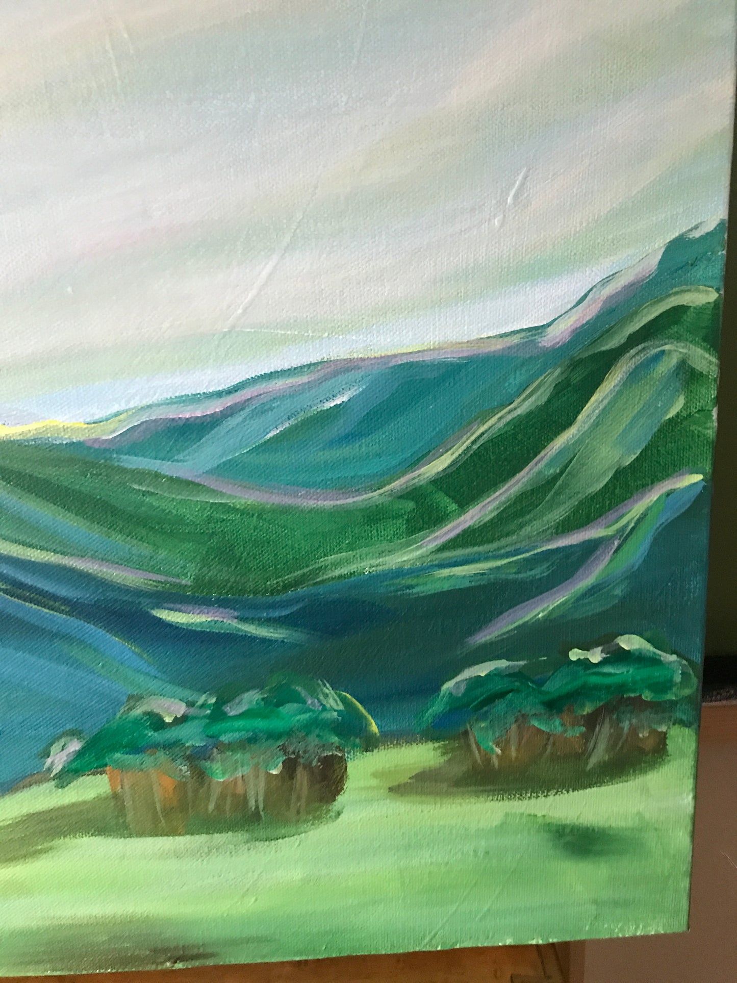 40” x 16”
Blue Ridge Mountains Landscape Painting
Acrylic on Gallery Wrapped Canvas
free shipping
The Blue Ridge Mountains have a special place in my heart. I grew up here. We spent our family vacations in the mountains of Asheville NC. Growing up I taught tennis in summer camps in Grundy, VA and White Sulphur Springs, WV. Over every ridge is another stunning view. Every morning, afternoon and evening brings a sky with colors you wouldn't believe. Everyone who l
