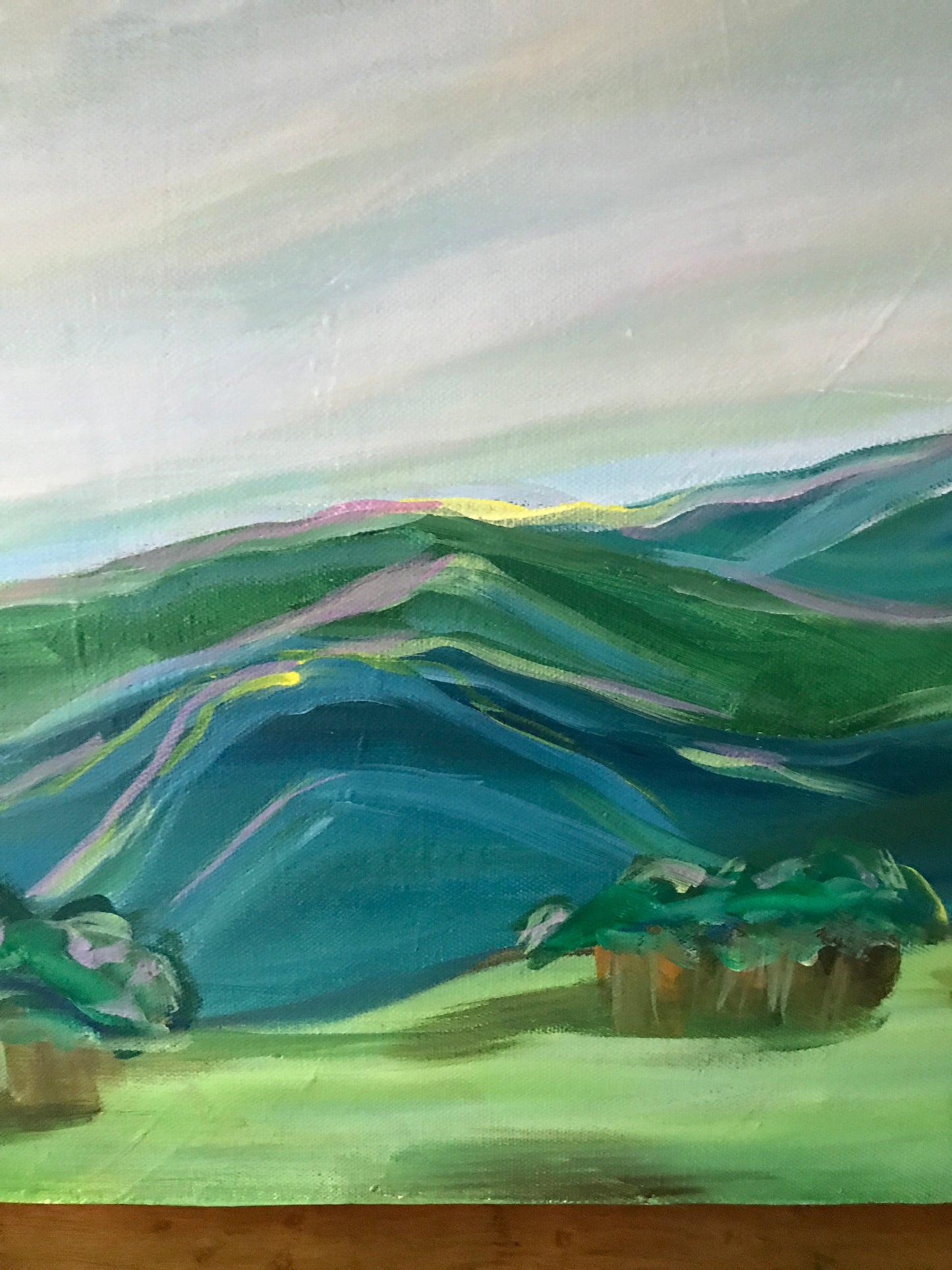 40” x 16”
Blue Ridge Mountains Landscape Painting
Acrylic on Gallery Wrapped Canvas
free shipping
The Blue Ridge Mountains have a special place in my heart. I grew up here. We spent our family vacations in the mountains of Asheville NC. Growing up I taught tennis in summer camps in Grundy, VA and White Sulphur Springs, WV. Over every ridge is another stunning view. Every morning, afternoon and evening brings a sky with colors you wouldn't believe. Everyone who l