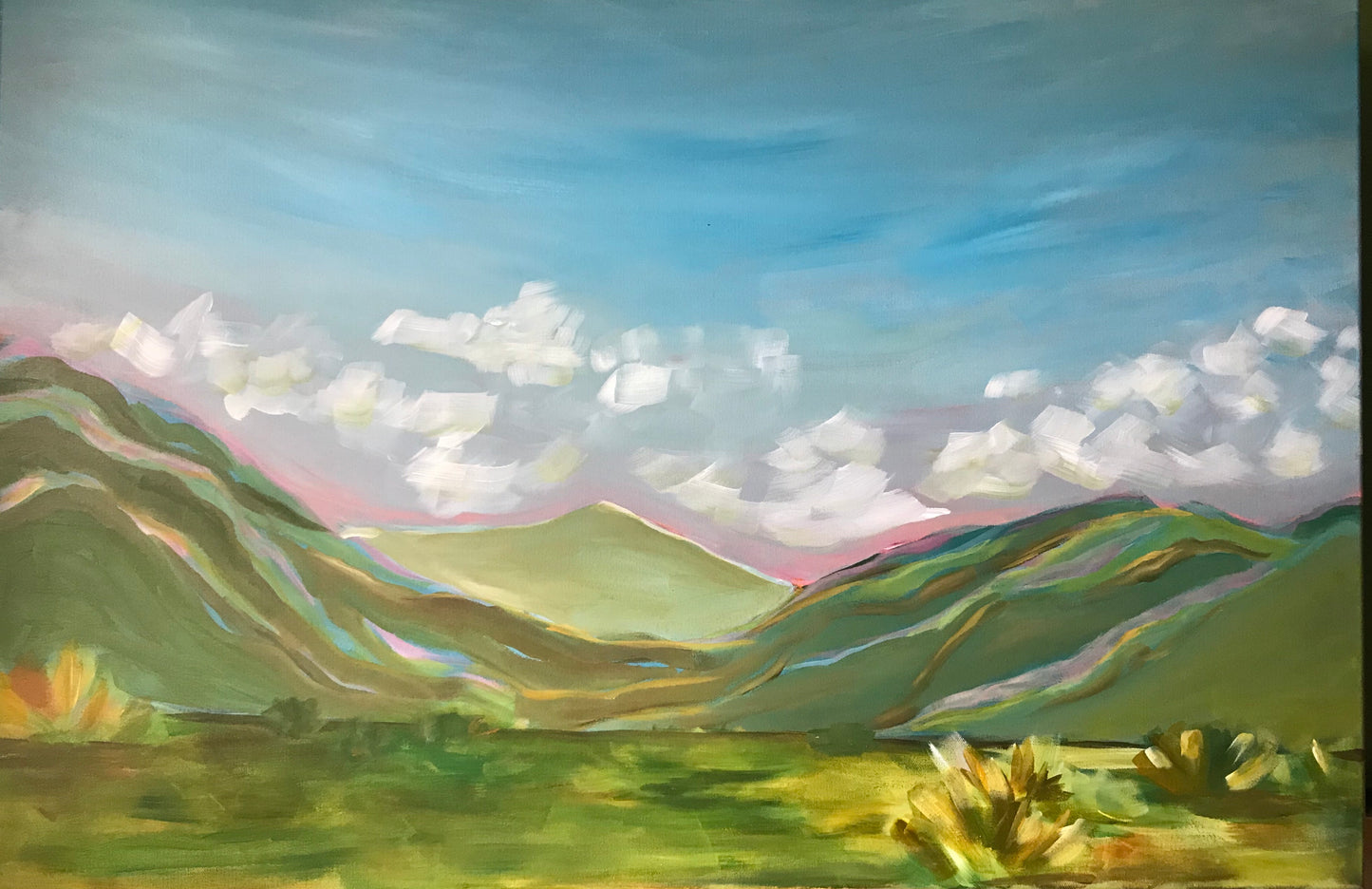 36" x 24"
Blue Ridge Mountains Landscape Painting
acrylic on gallery wrapped canvas
I have the best morning commute. I drive over this ridge in the Roanoke valley and the sky opens up and the mountains surround me. Everyday the sky is a different color which makes the mountains a different color. And it never gets old. Beautiful pink sunrises, smoky foggy mornings, or gray, heavy rain clouds - the view is always spectacular