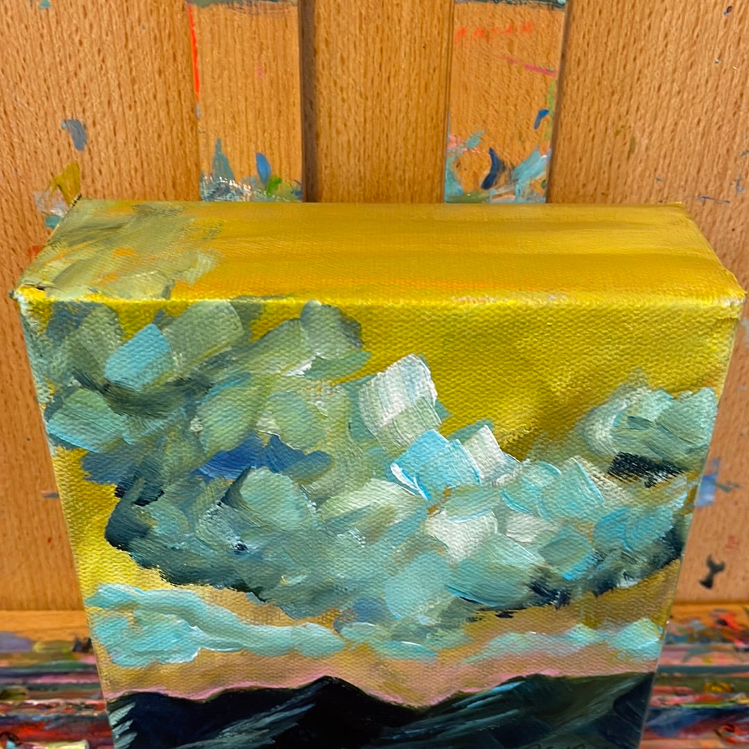 6" x 6"
Acrylic on Gallery Wrapped Canvas
Amazing rolling clouds over the Blue Ridge Mountains. Notes of blue, turquoise, green and white on a chartreuse background. Inspired by the views from the many vineyards across the state of Virginia.
I hope this painting brings joy to your soul!
Your painting will arrive in about 5 days. 