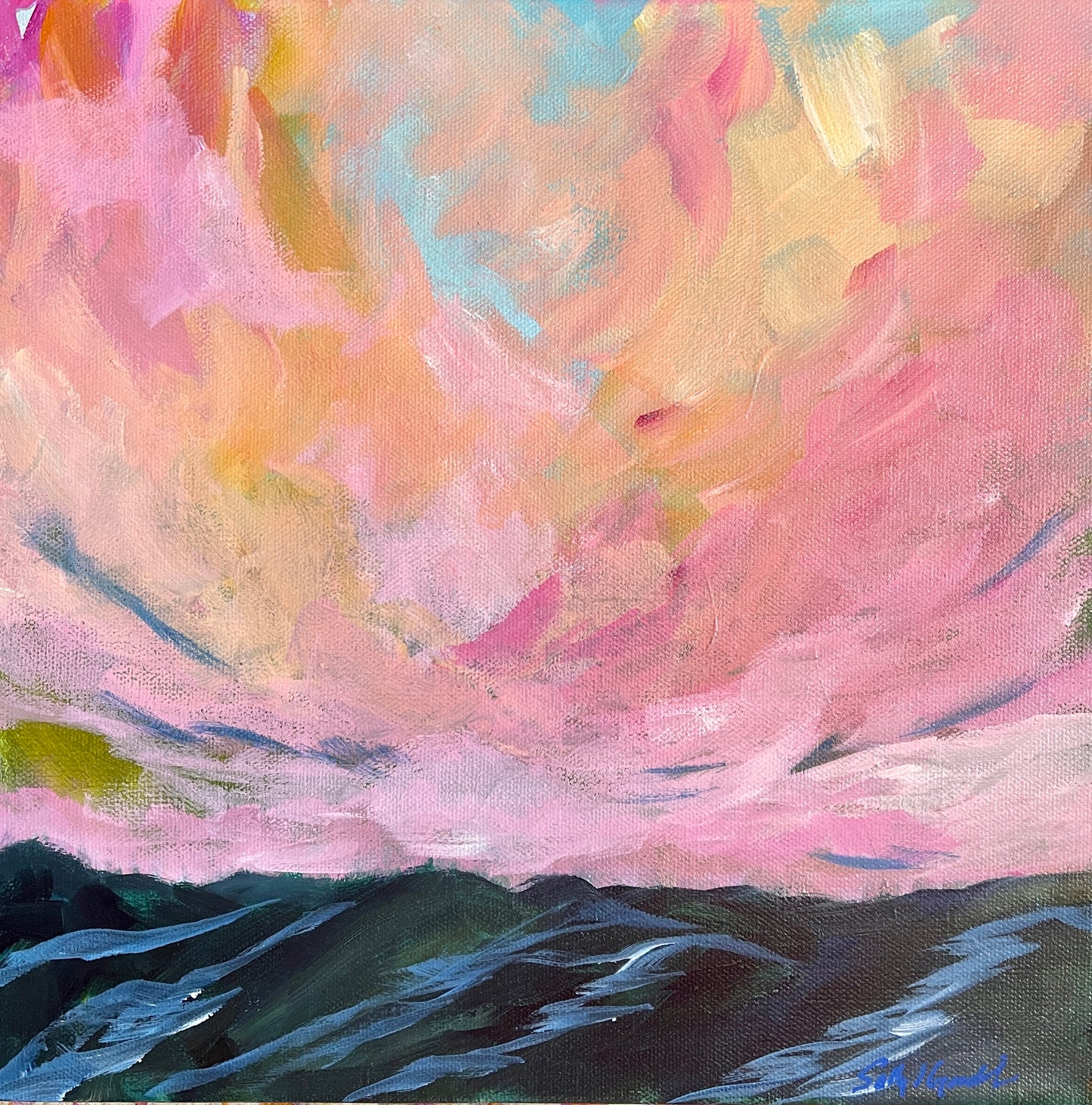 12" x 12" x 1.5"
Acrylic on Gallery Wrapped Canvas with subtle gold accents.
Celebrating the beauty and majesty of the Blue Ridge Mountains and the atmospheric effects they have on the clouds and sky.
These paintings require me to use quick brushstrokes to capture the feeling of the moment.
Your painting comes signed, wired and ready to hang.