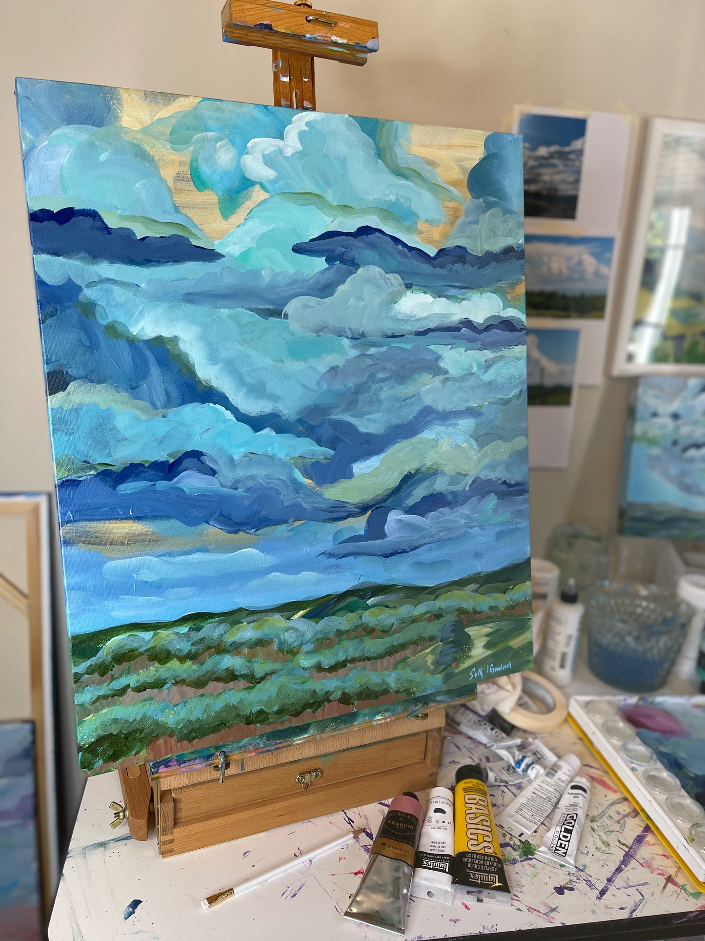 20" x 24" x 1.5"
acrylic on gallery wrapped canvas
Organic Blue and turquoise clouds dancing in the sky.
Finished with a varnish to protect against dust and light.
Wired and ready for hanging.