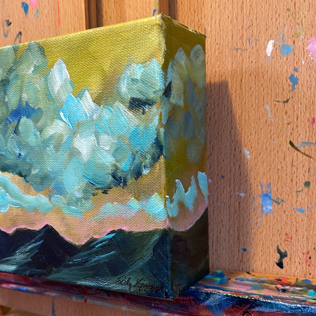 6" x 6"
Acrylic on Gallery Wrapped Canvas
Amazing rolling clouds over the Blue Ridge Mountains. Notes of blue, turquoise, green and white on a chartreuse background. Inspired by the views from the many vineyards across the state of Virginia.
I hope this painting brings joy to your soul!
Your painting will arrive in about 5 days. 