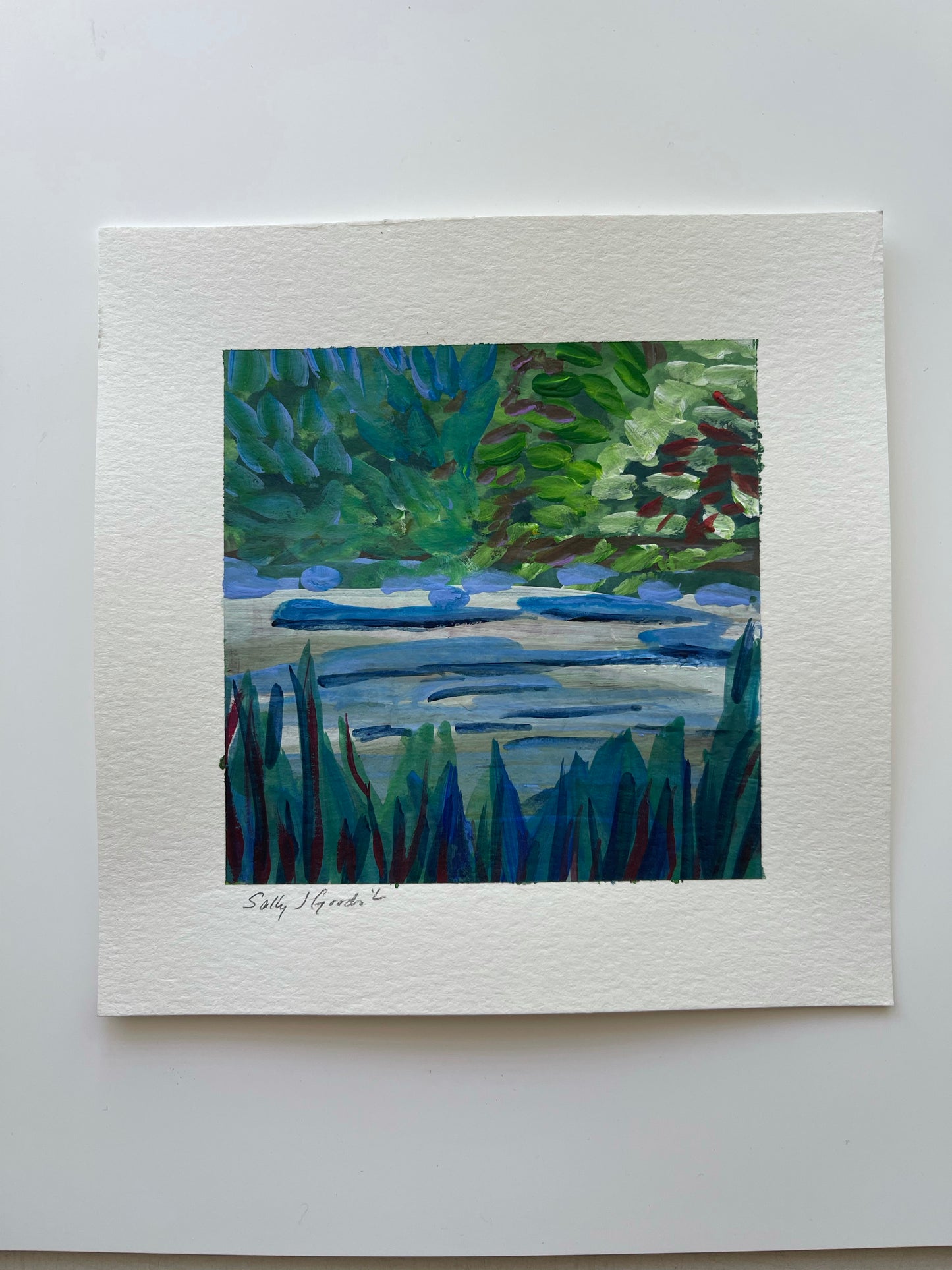 6 x 6 Great Wide Open
Modern abstract painting of flowing river banked by native plants, trees and bushes in the backgound. With native grasses in the foreground with greens, blues, white and a touch of purple.
An original gouache painting by Sally J Goodrich