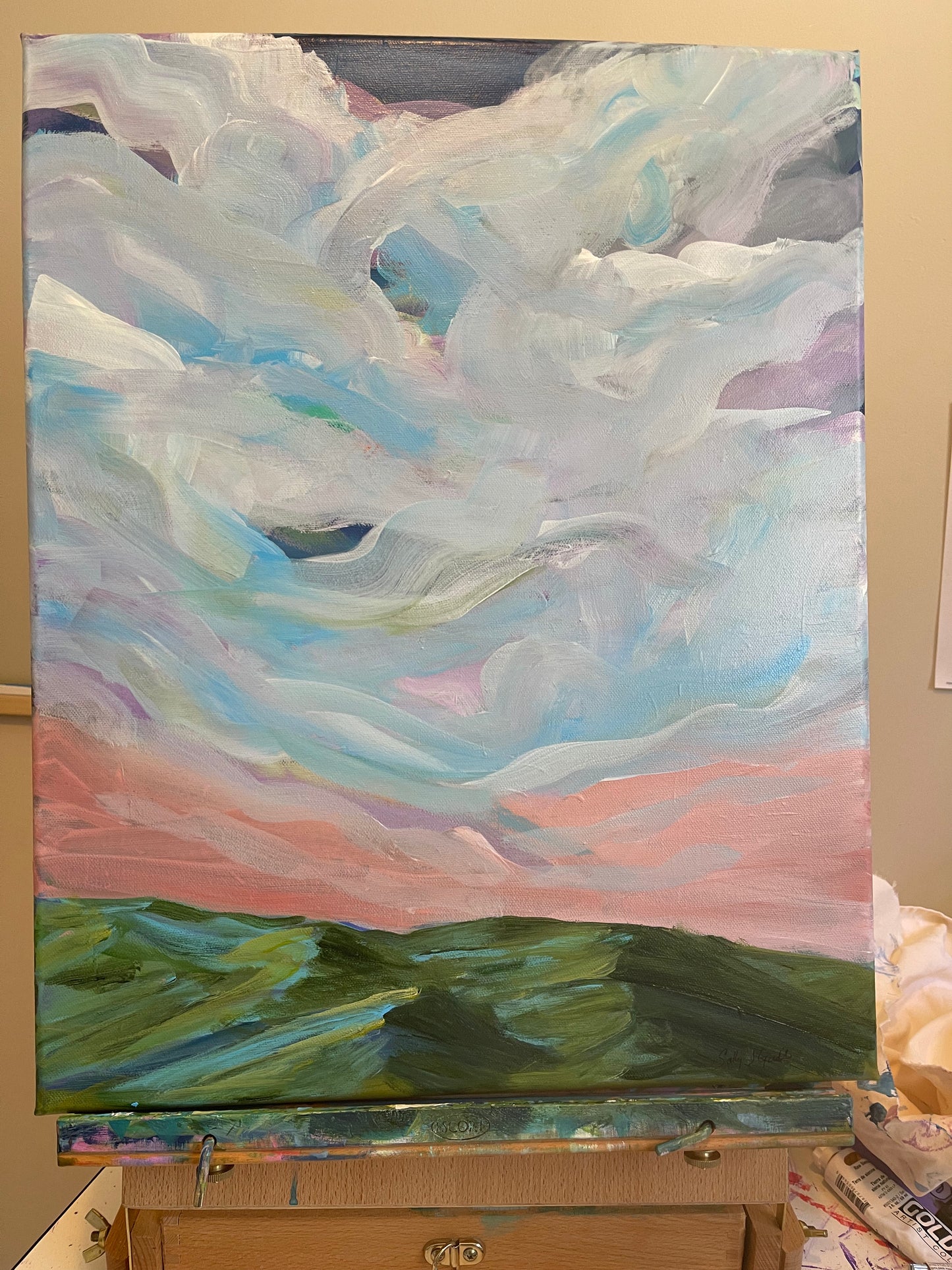 acrylic on gallery wrapped canvas
Blue and turquoise clouds dancing above the Blue Ridge mountains at sunrise.
Finished with a varnish to protect against dust and light.
Wired and ready for hanging.