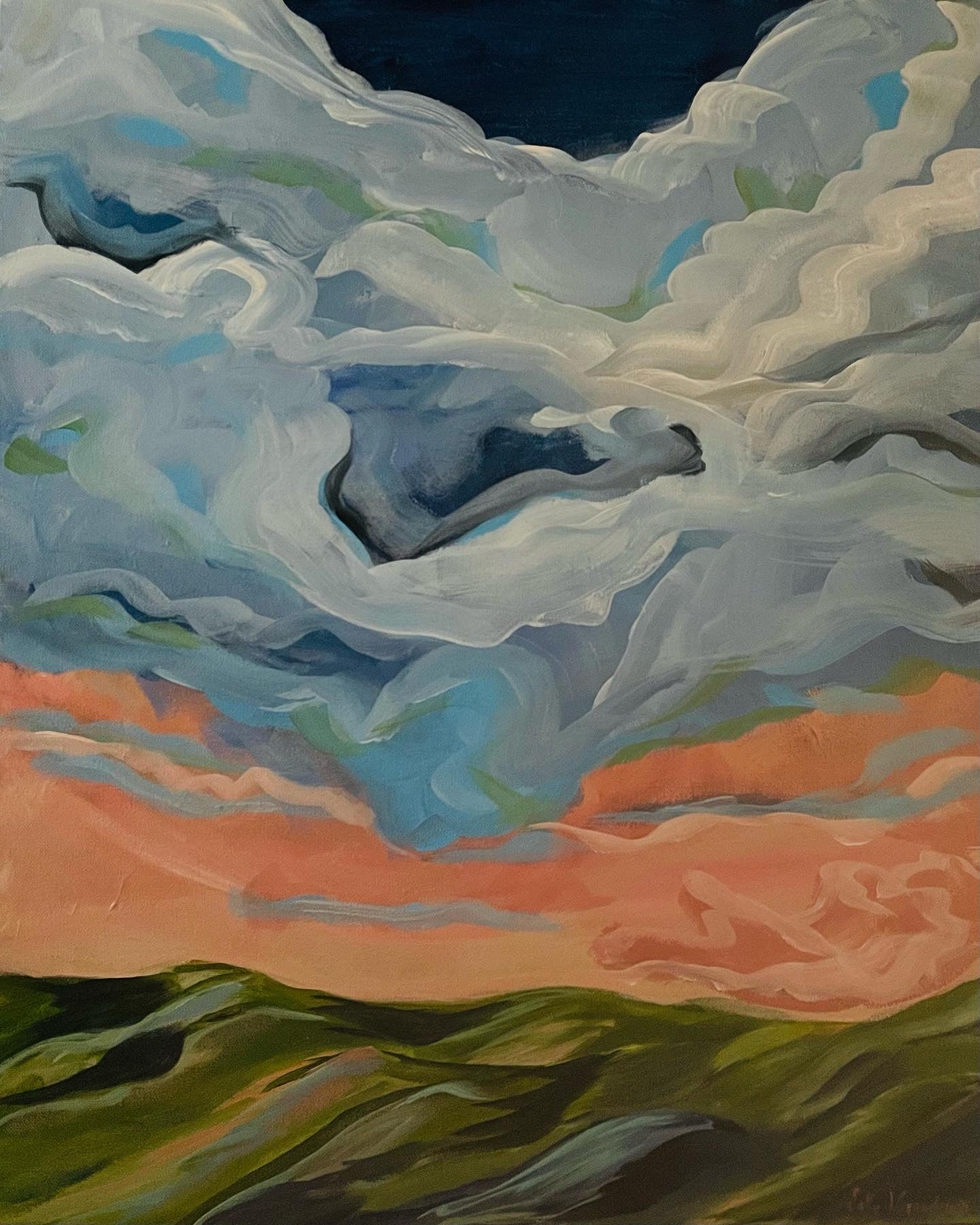 20" x 24" x 1.5"
Acrylic on Gallery Wrapped Canvas
Gorgeous and dramatic clouds fill the pink morning sky over the Blue Ridge mountains.
Finished with a varnish to protect against dust and light.
Wired and ready for hanging.