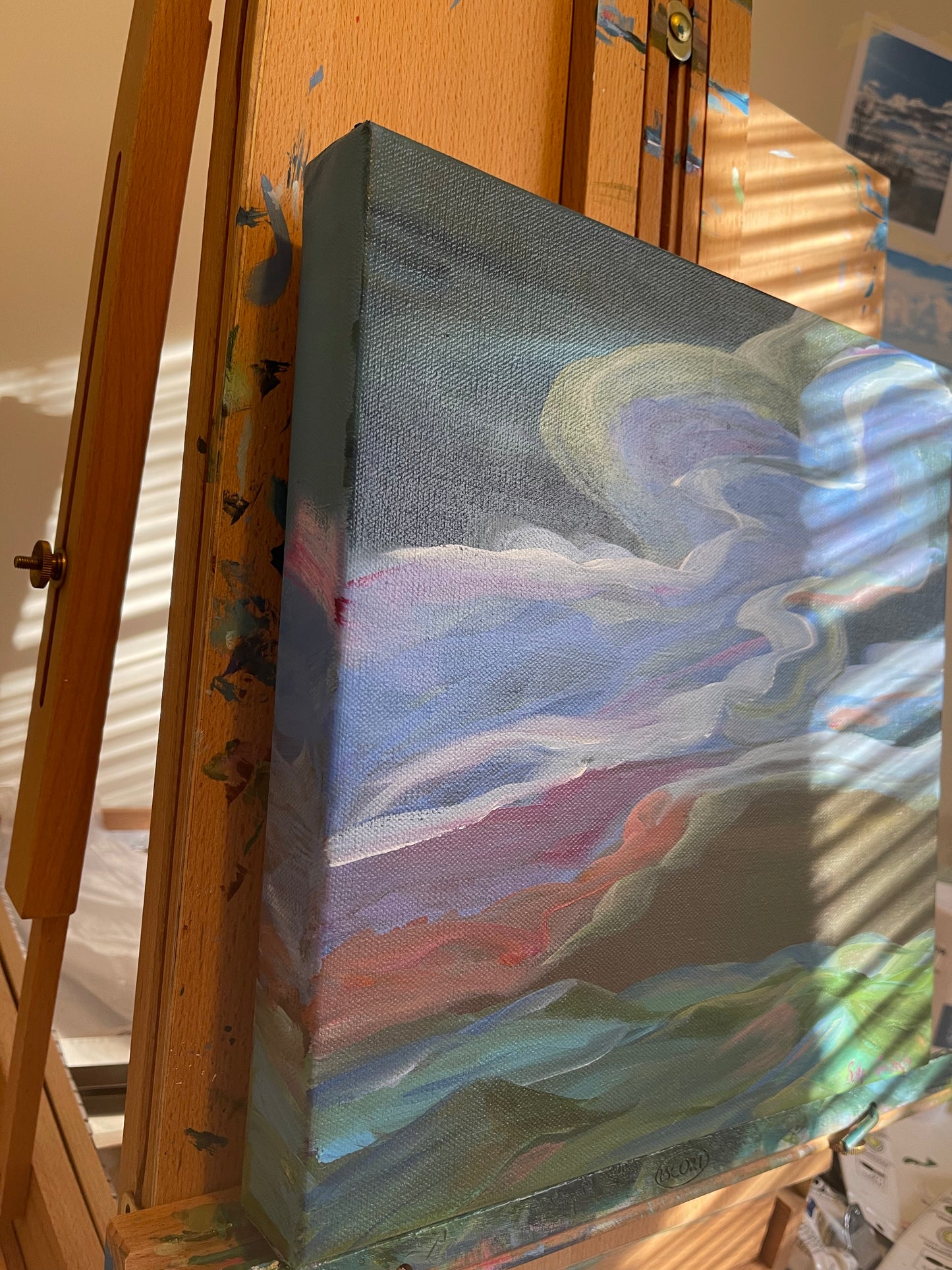 12" x 12" x 1.5"
Acrylic on Gallery Wrapped Canvas
A beautiful and colorful swirl of glorious clouds over the Blue Ridge Mountains.
Your painting is finished with a subtle gloss varnish to protect it from dust and light. Wired and ready to hang. 